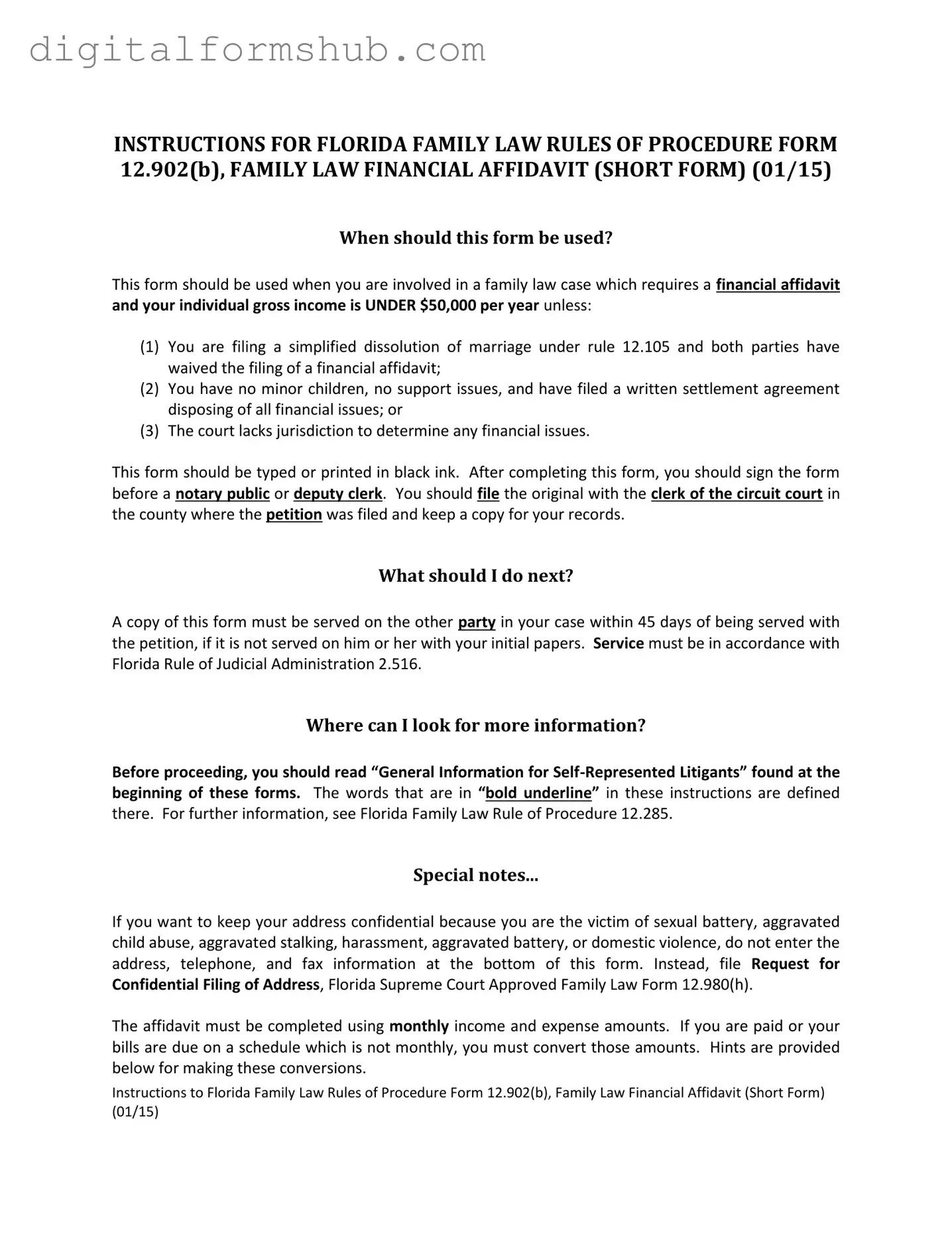 Free Florida Financial Affidavit Short 12.902(b) Form in PDF