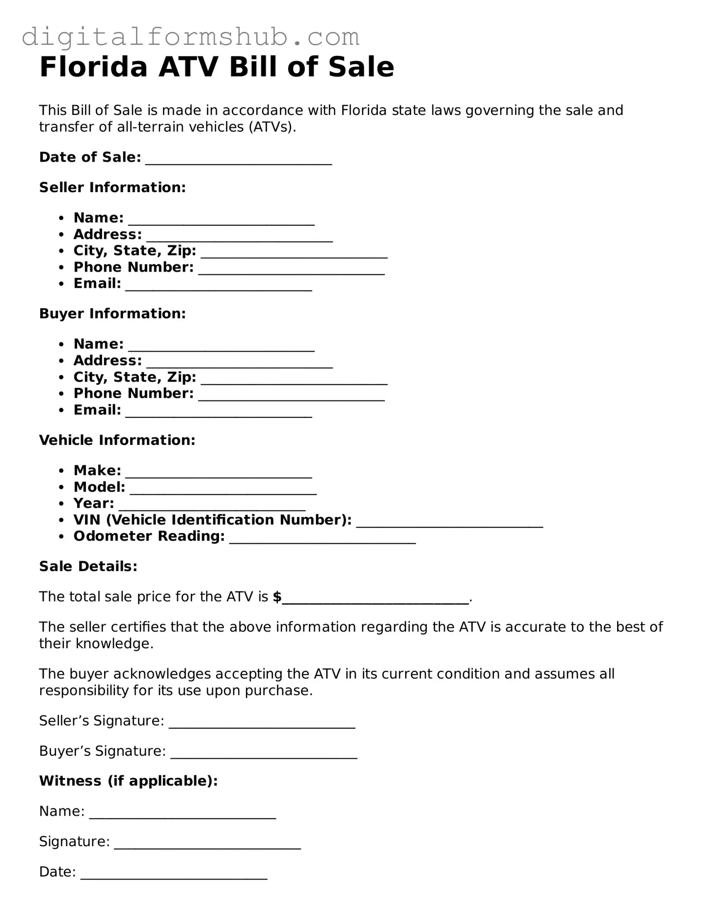 Official ATV Bill of Sale Template for the State of Florida