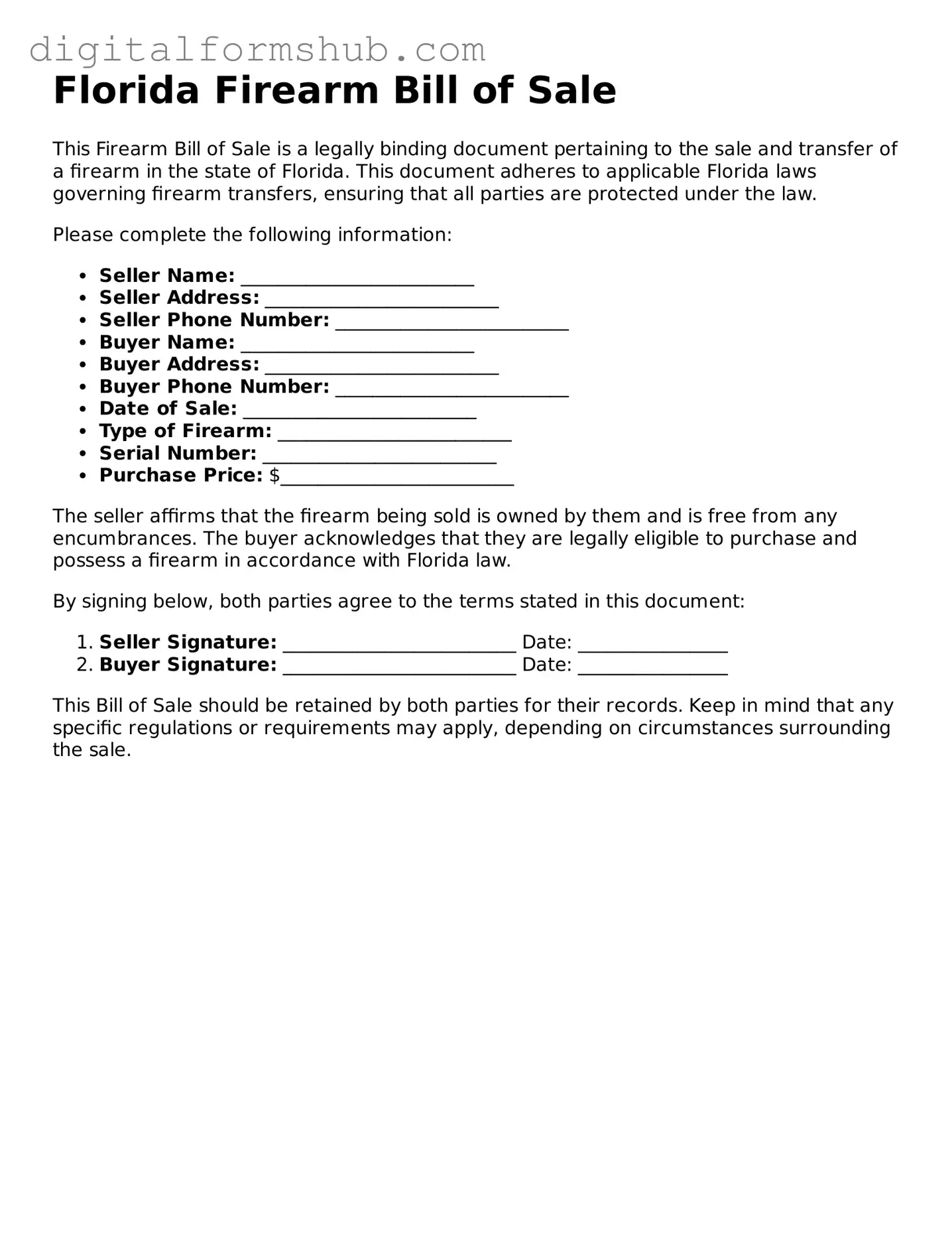 Official Firearm Bill of Sale Template for the State of Florida