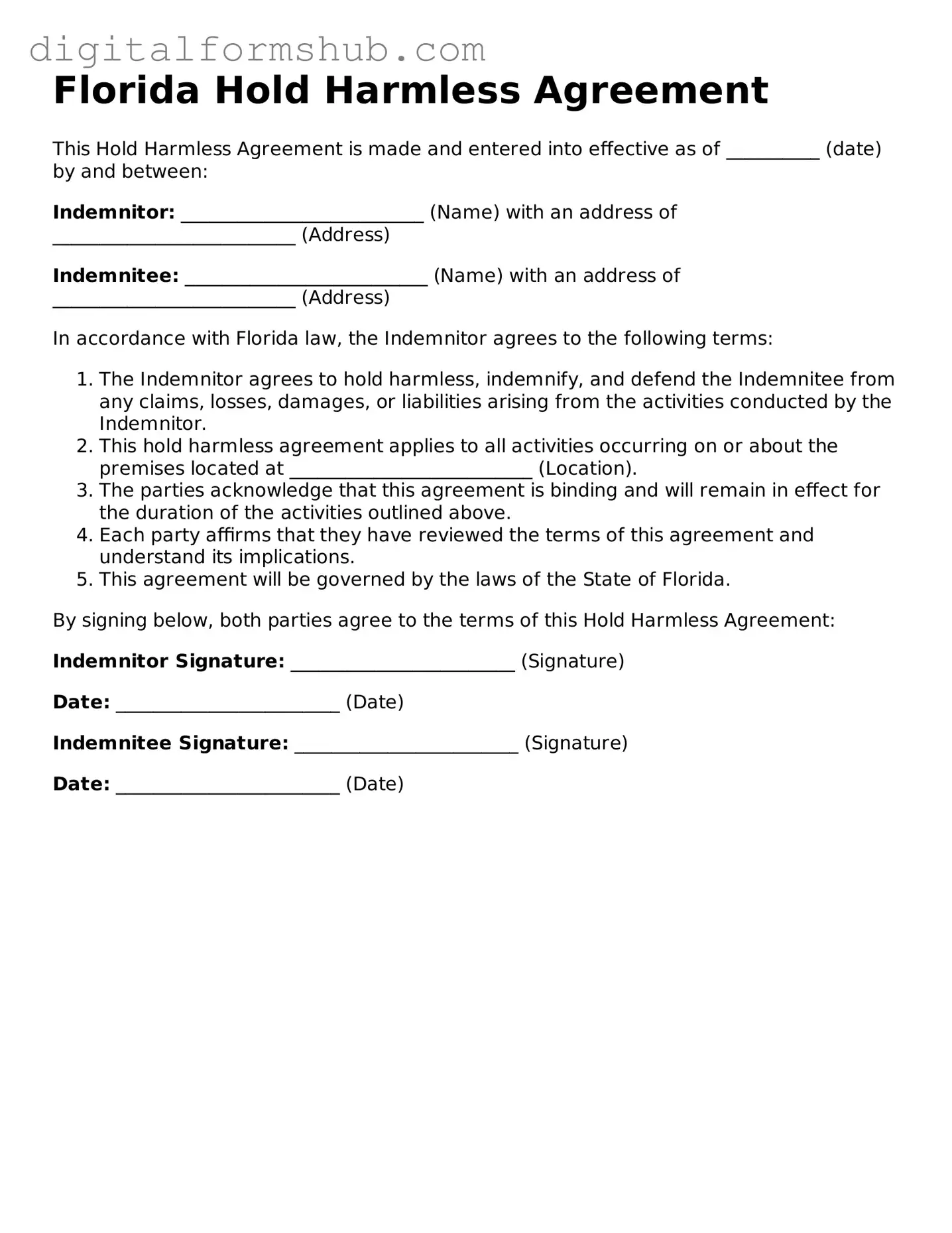 Official Hold Harmless Agreement Template for the State of Florida