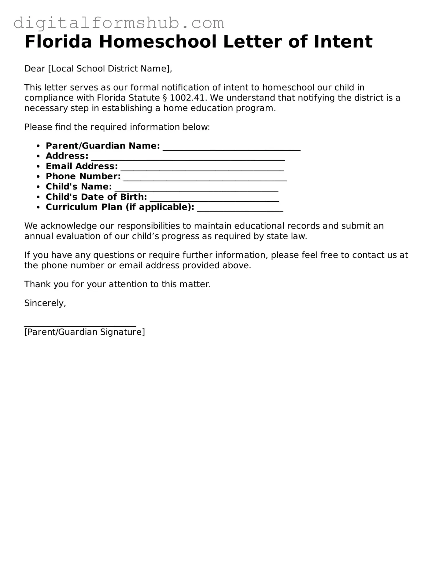 Official Homeschool Letter of Intent Template for the State of Florida