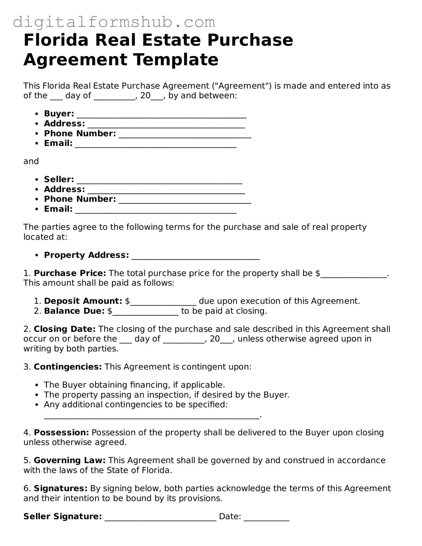 Official Real Estate Purchase Agreement Template for the State of Florida