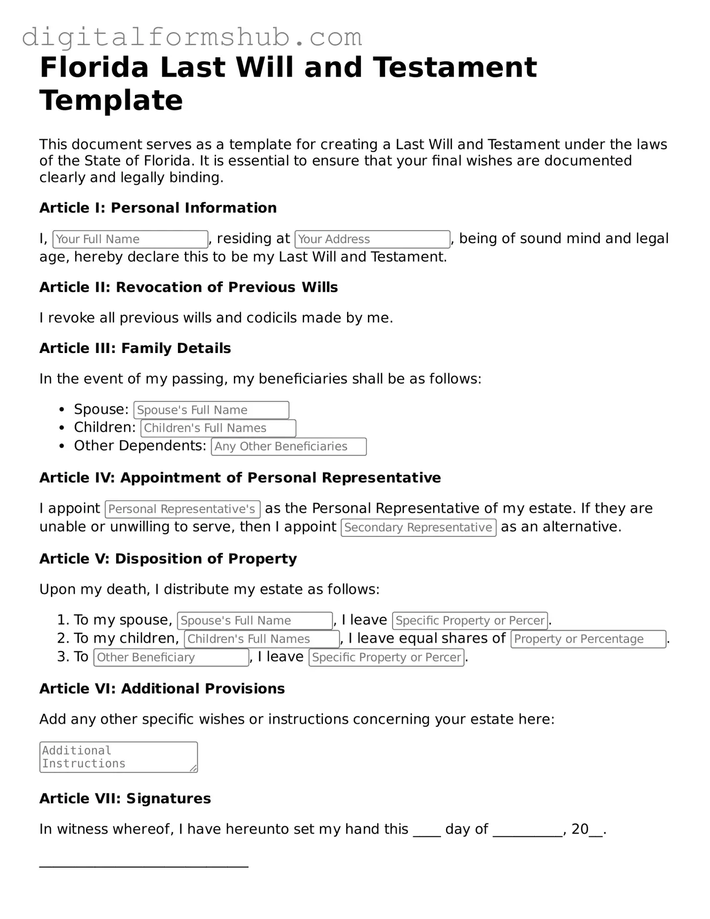 Official Last Will and Testament Template for the State of Florida