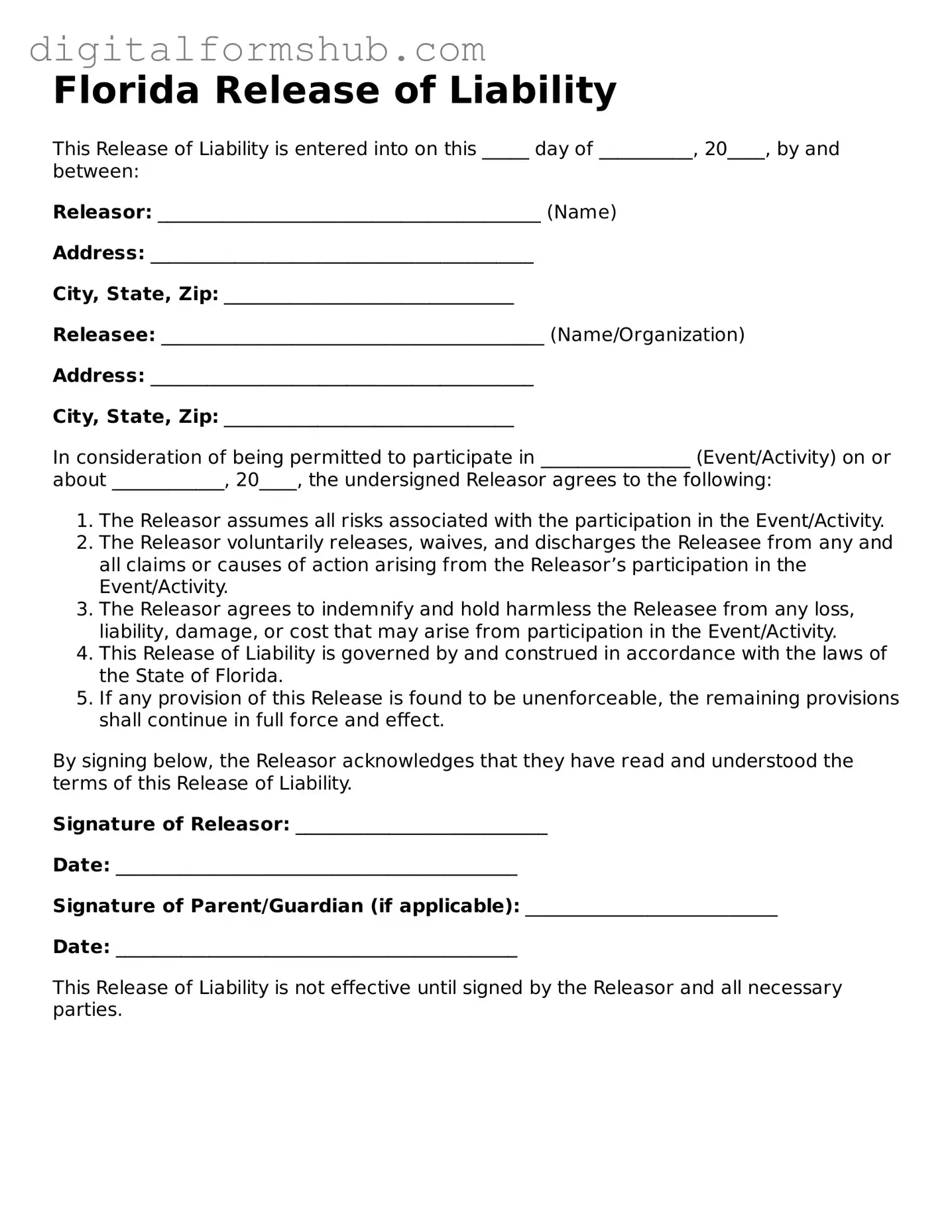 Official Release of Liability Template for the State of Florida