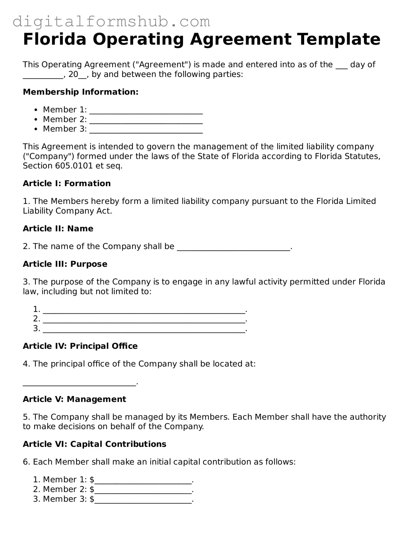 Official Operating Agreement Template for the State of Florida
