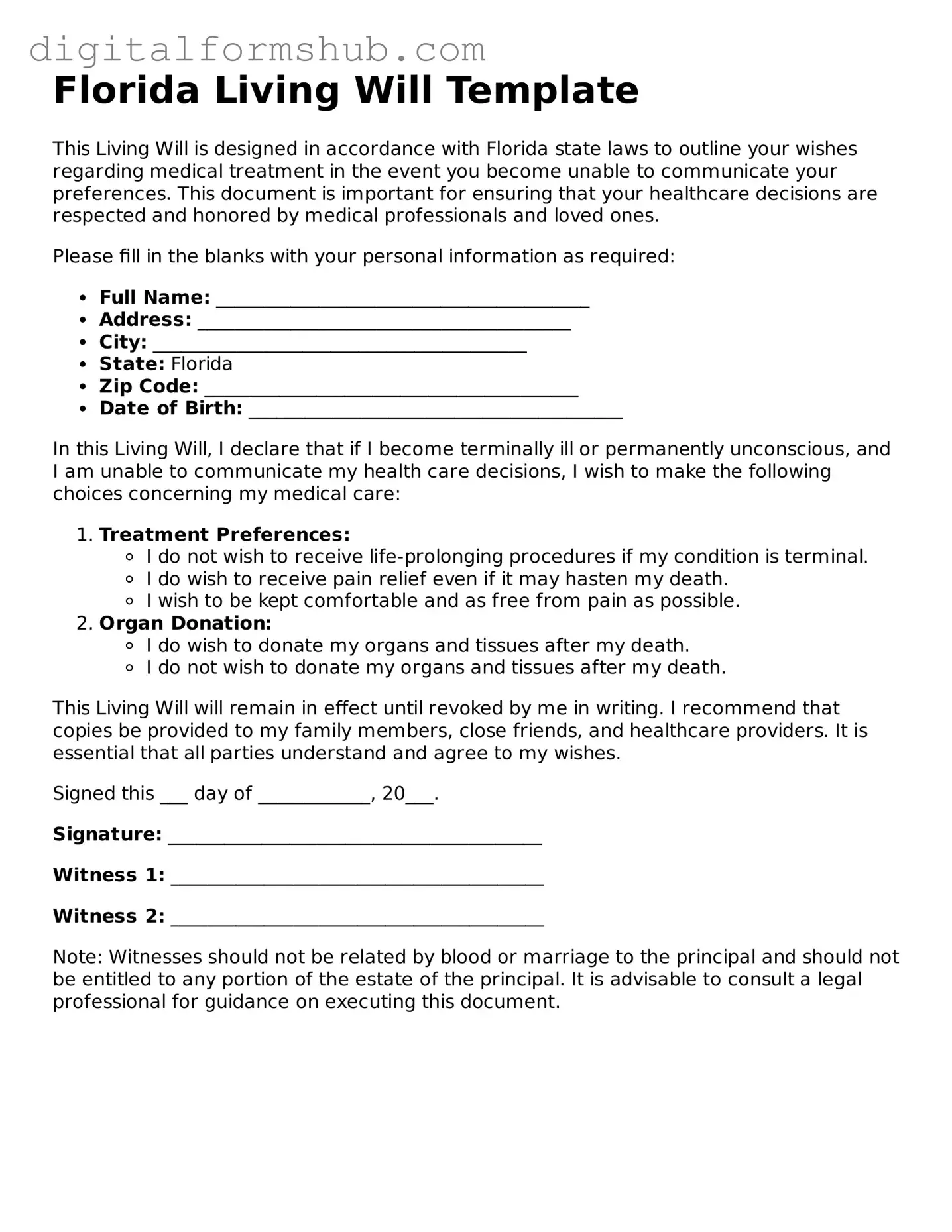 Official Living Will Template for the State of Florida