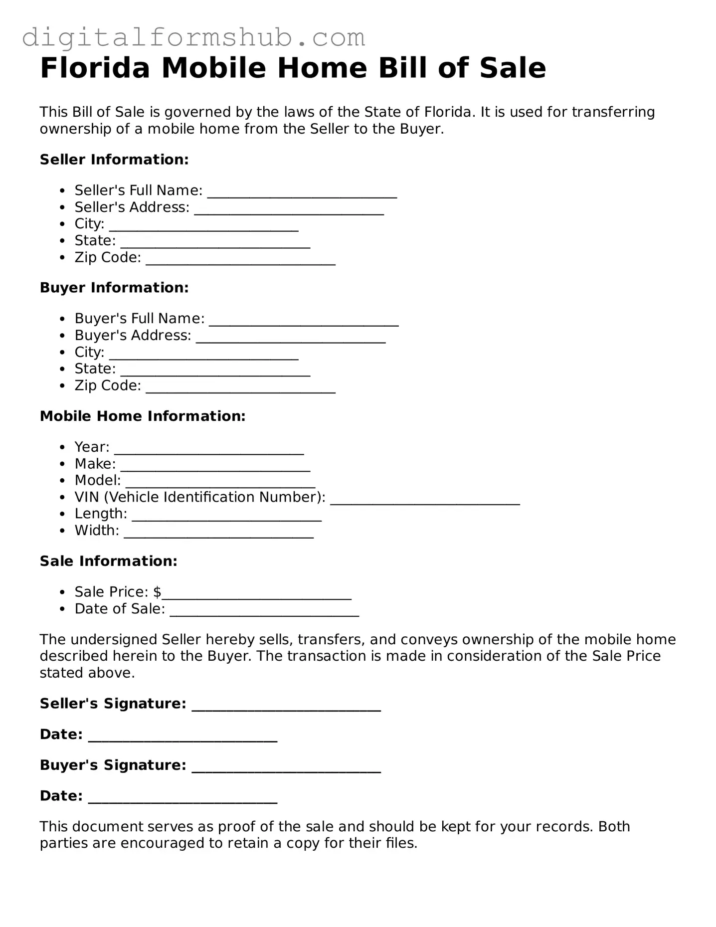 Official Mobile Home Bill of Sale Template for the State of Florida