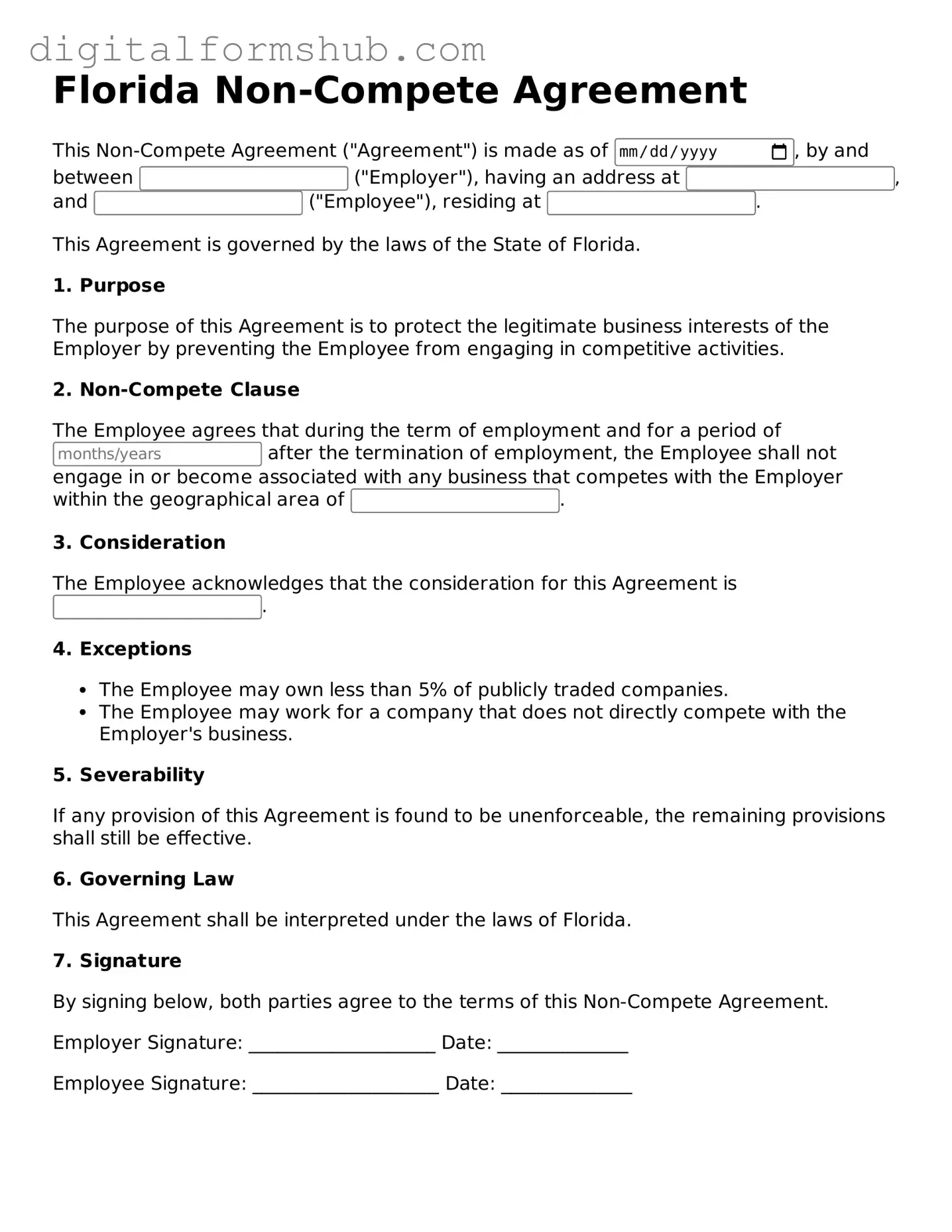 Official Non-compete Agreement Template for the State of Florida