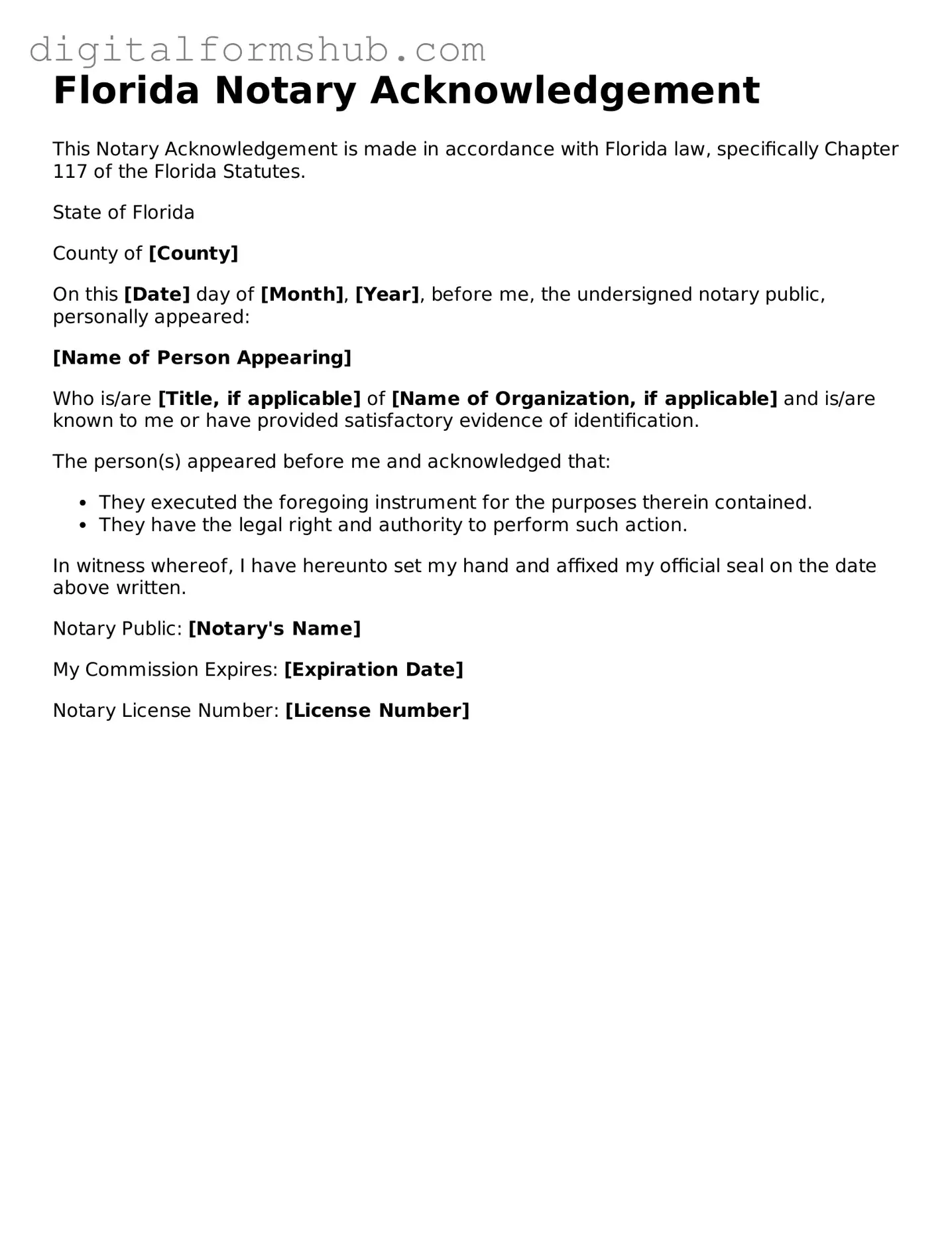 Official Notary Acknowledgement Template for the State of Florida