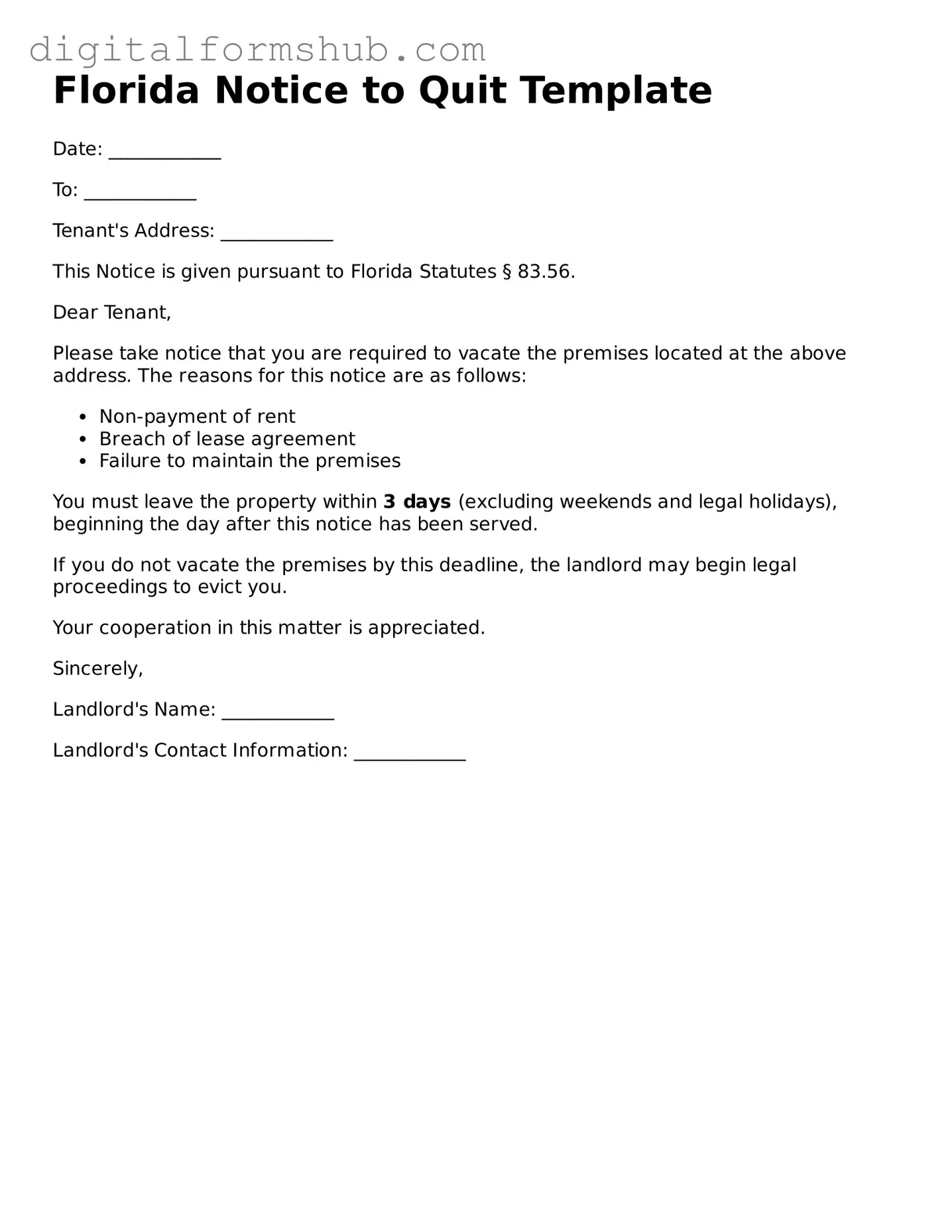 Official Notice to Quit Template for the State of Florida
