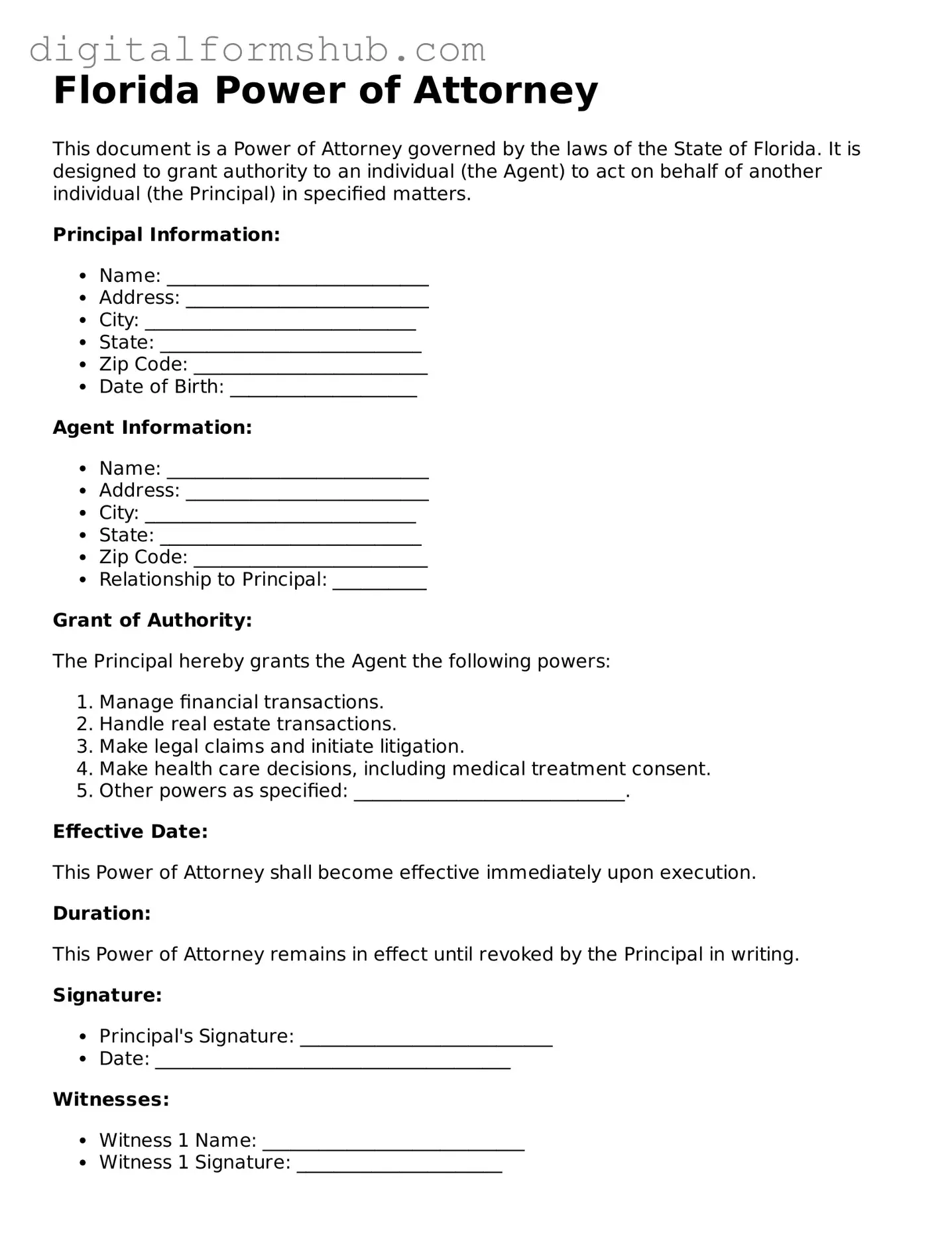 Official Power of Attorney Template for the State of Florida
