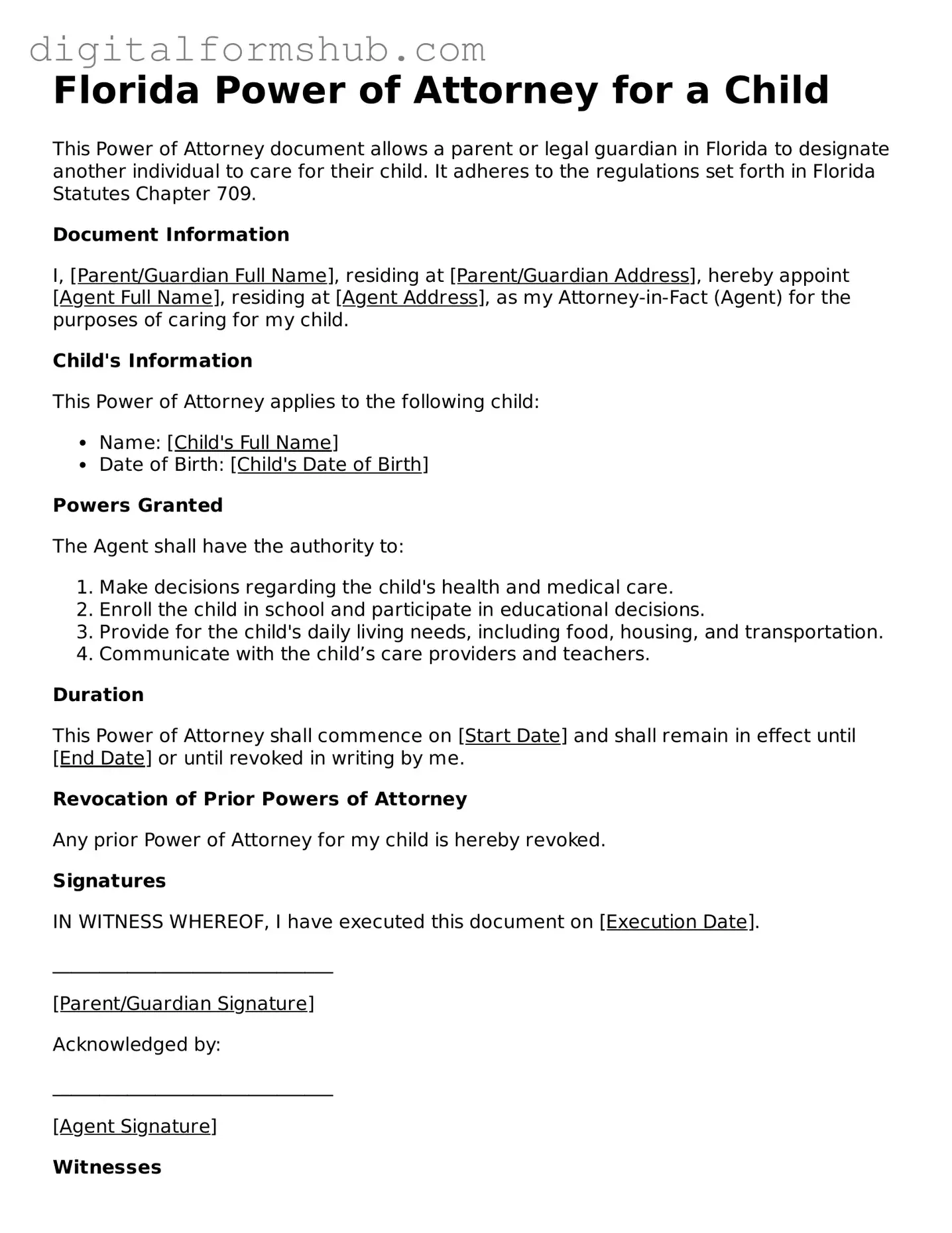 Official Power of Attorney for a Child Template for the State of Florida