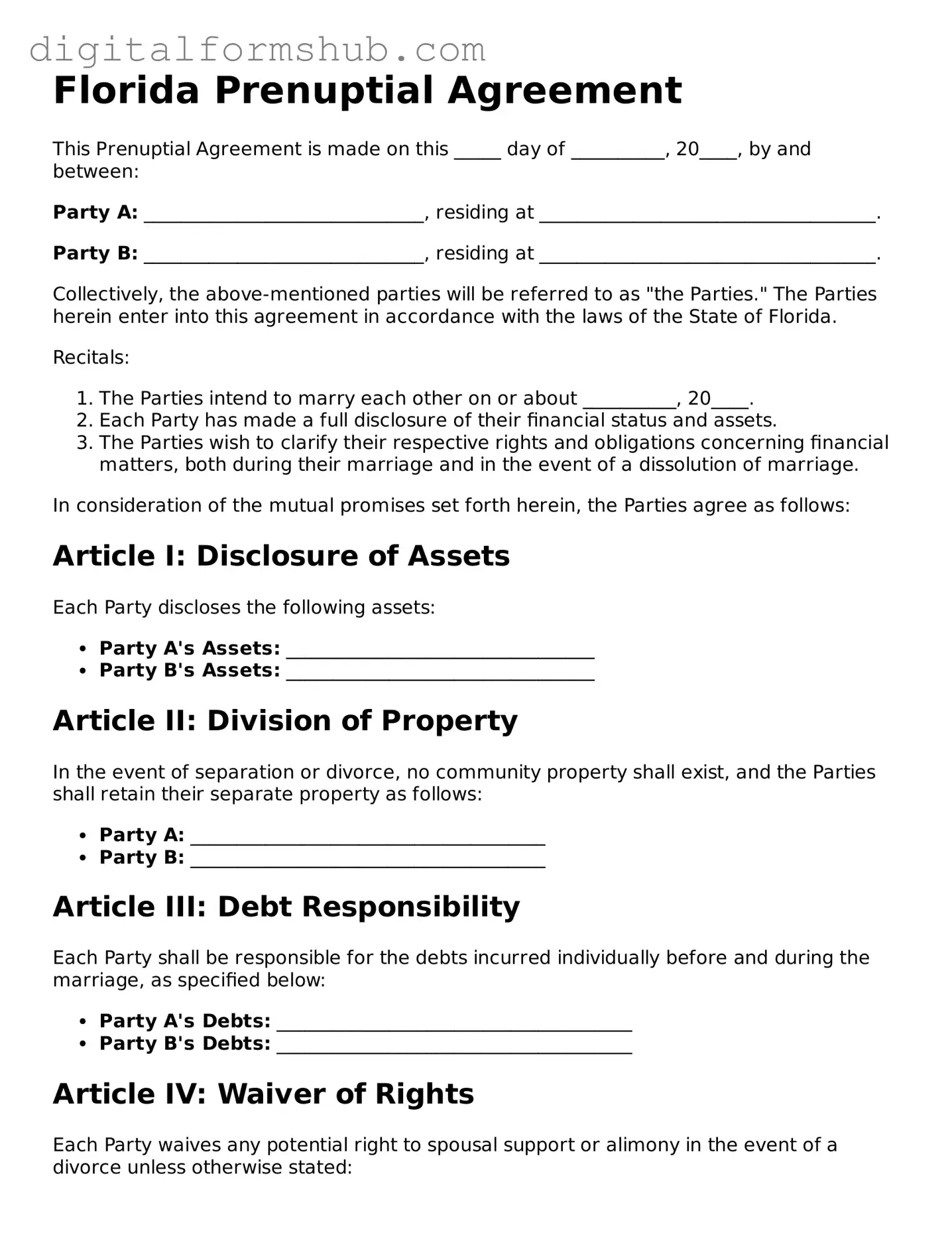 Official Prenuptial Agreement Template for the State of Florida