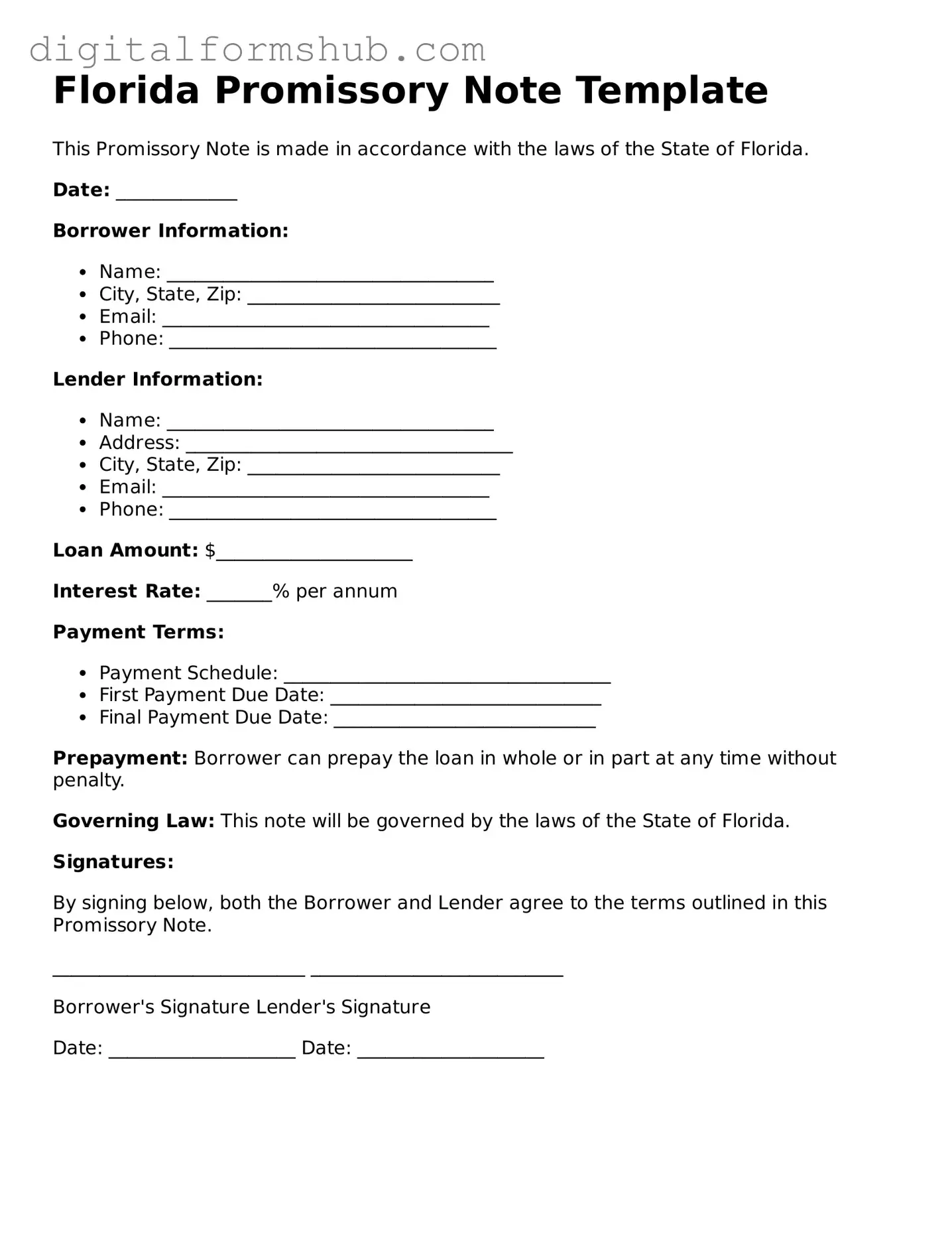 Official Promissory Note Template for the State of Florida