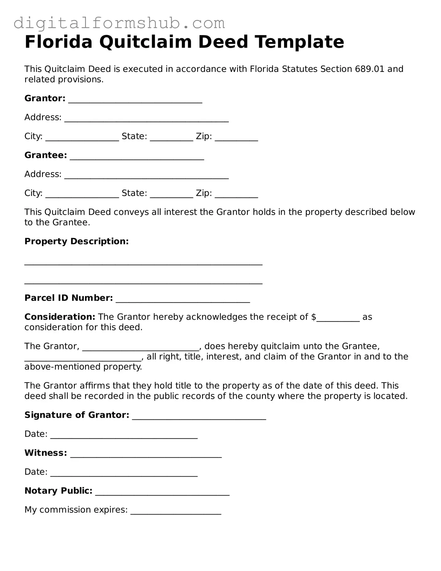 Official Quitclaim Deed Template for the State of Florida