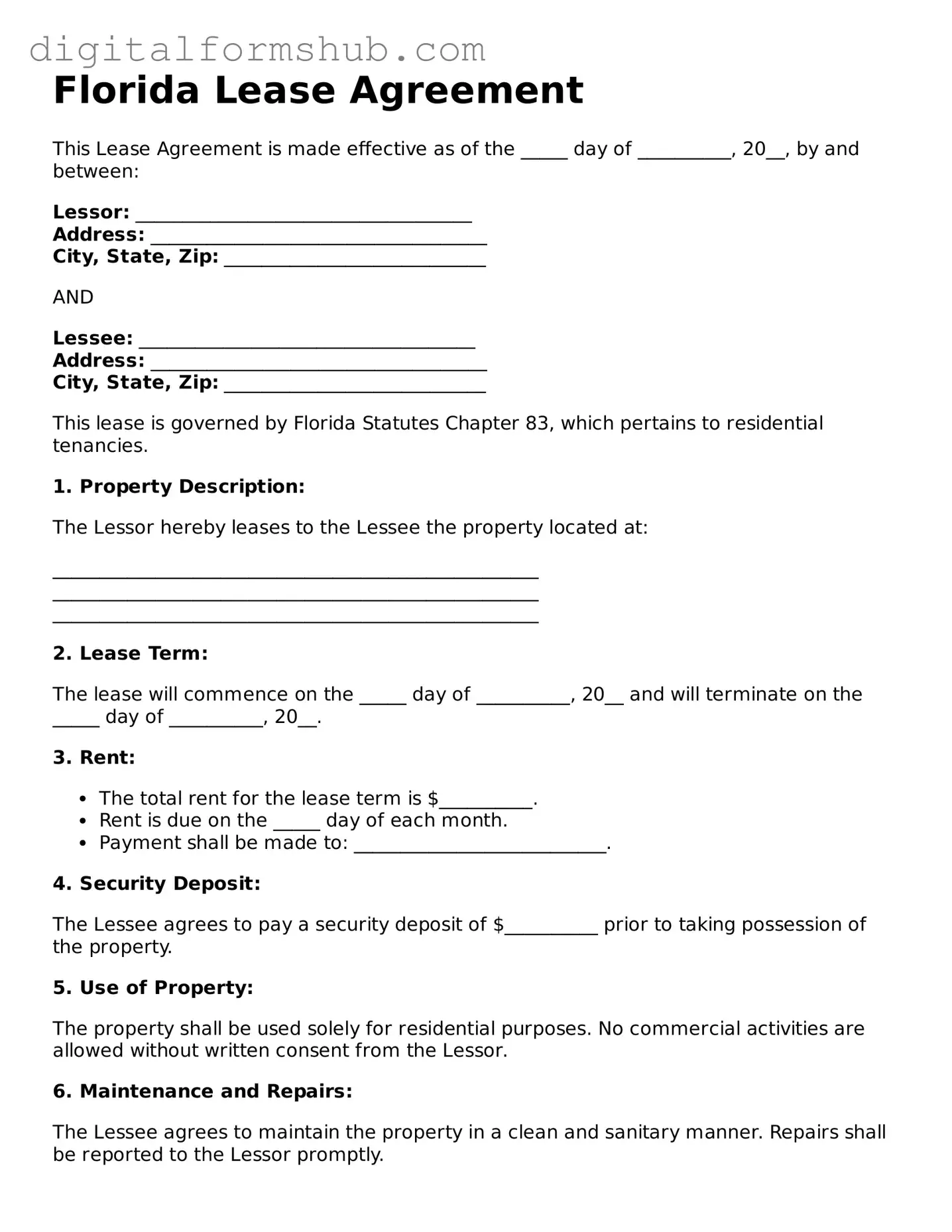 Official Lease Agreement Template for the State of Florida