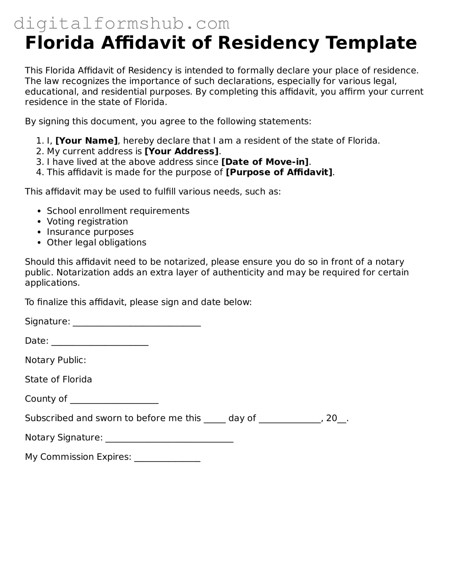 Official Affidavit of Residency Template for the State of Florida
