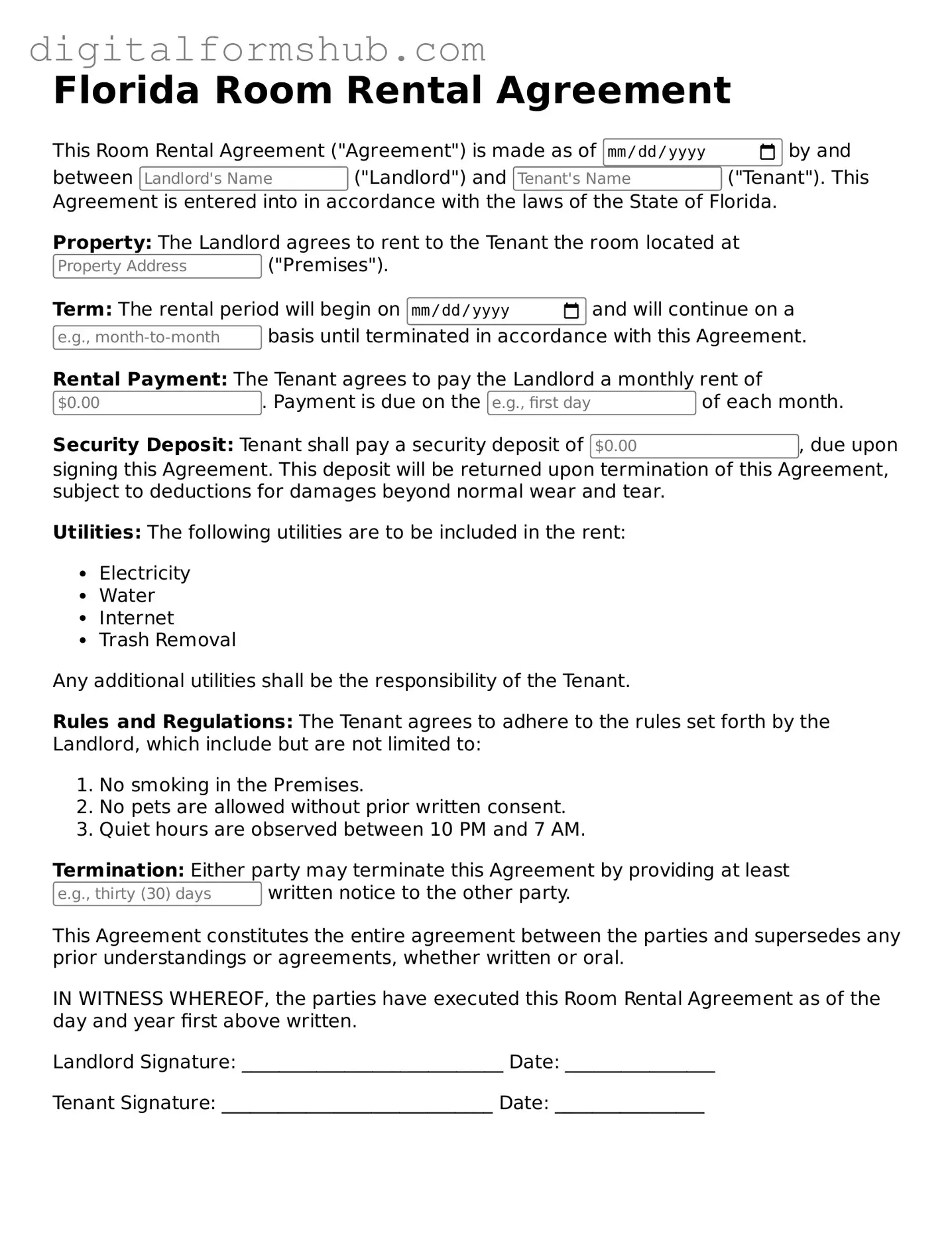 Official Room Rental Agreement Template for the State of Florida