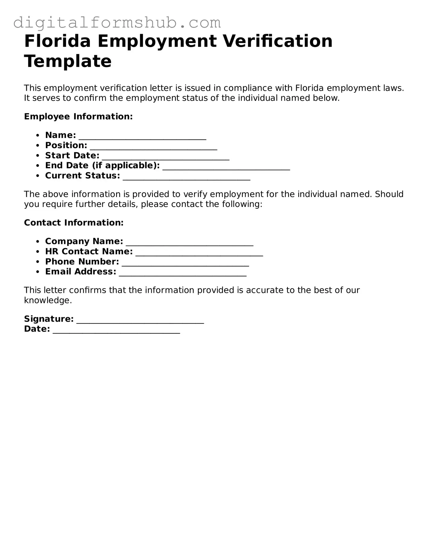 Official Employment Verification Template for the State of Florida