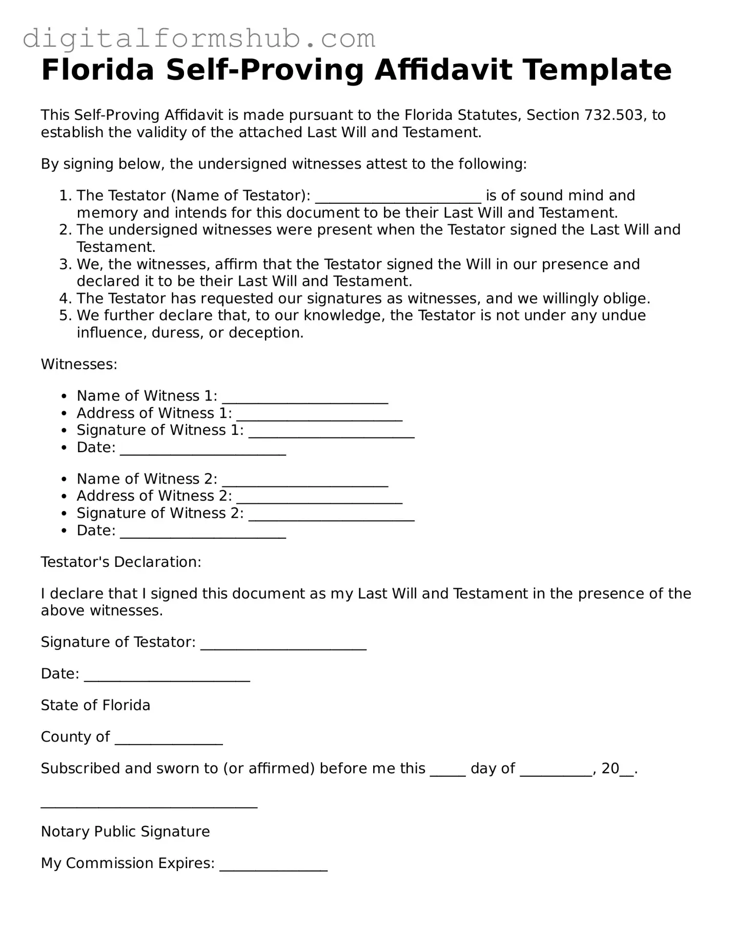 Official Self-Proving Affidavit Template for the State of Florida