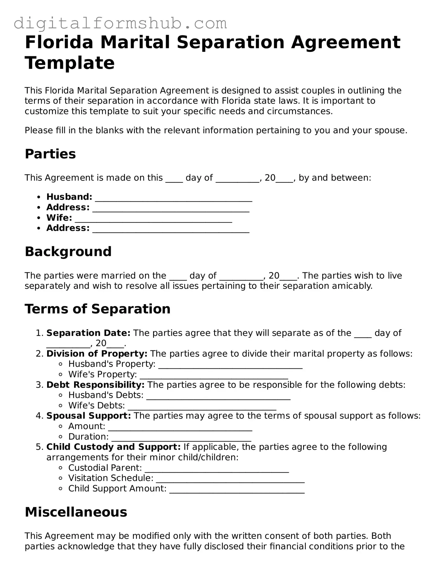 Official Marital Separation Agreement Template for the State of Florida
