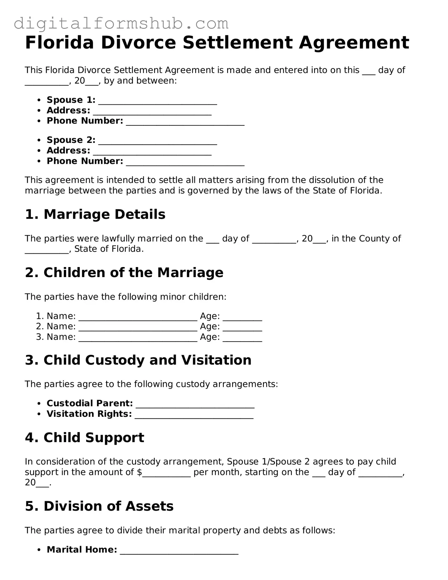 Official Divorce Settlement Agreement Template for the State of Florida