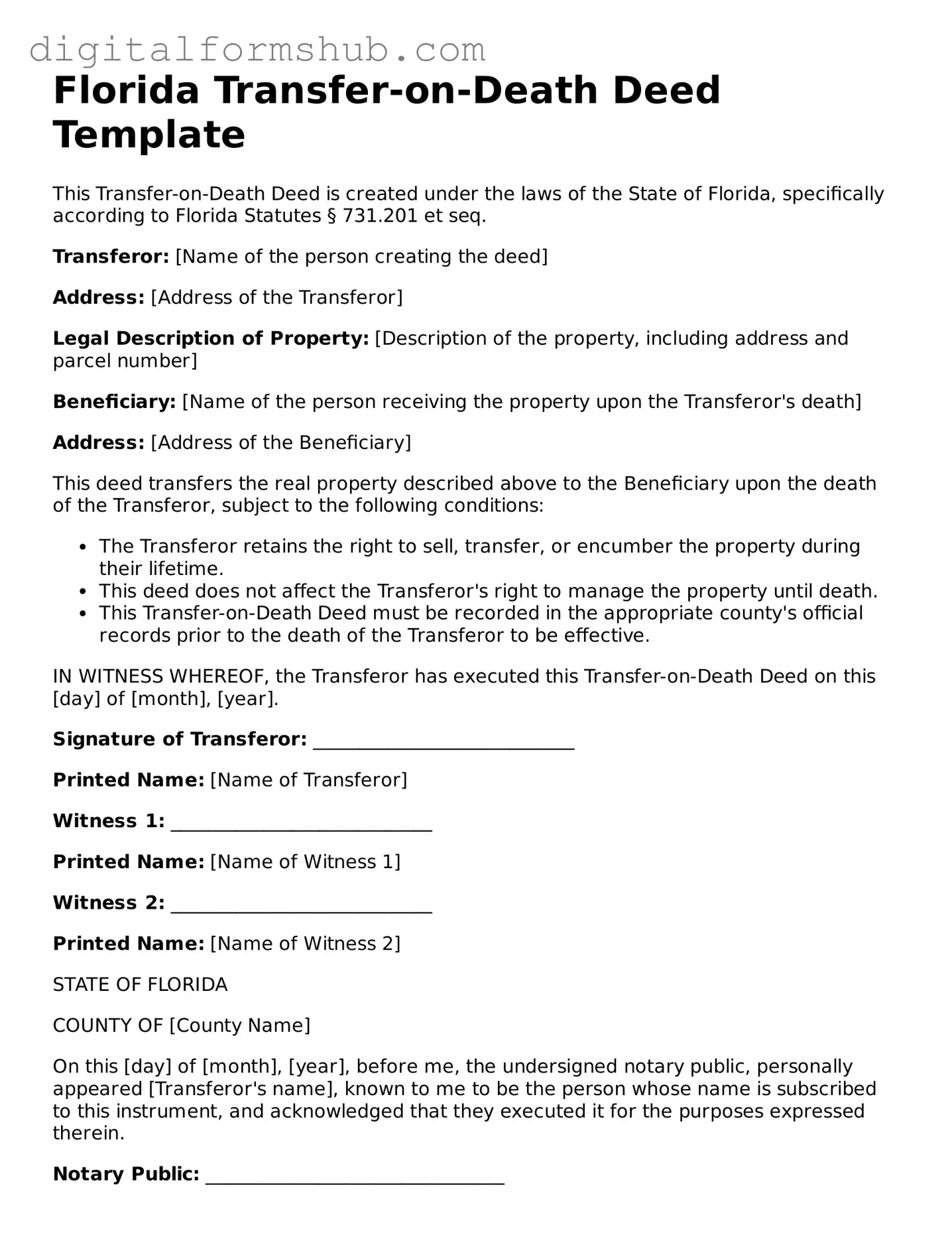 Official Transfer-on-Death Deed Template for the State of Florida