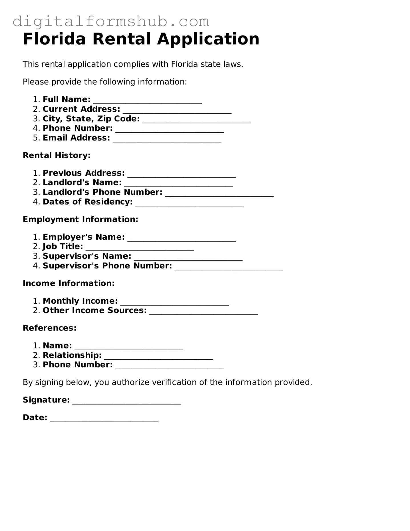 Official Rental Application Template for the State of Florida