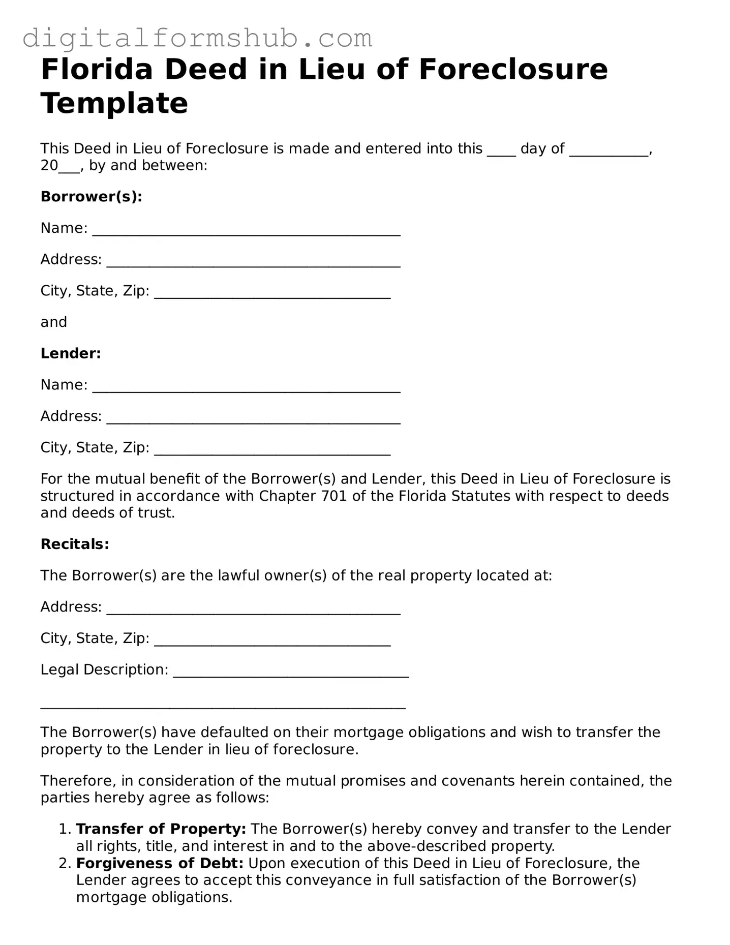 Official Deed in Lieu of Foreclosure Template for the State of Florida