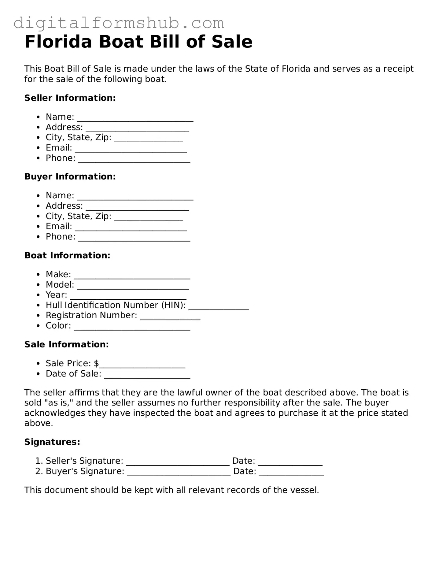 Official Boat Bill of Sale Template for the State of Florida