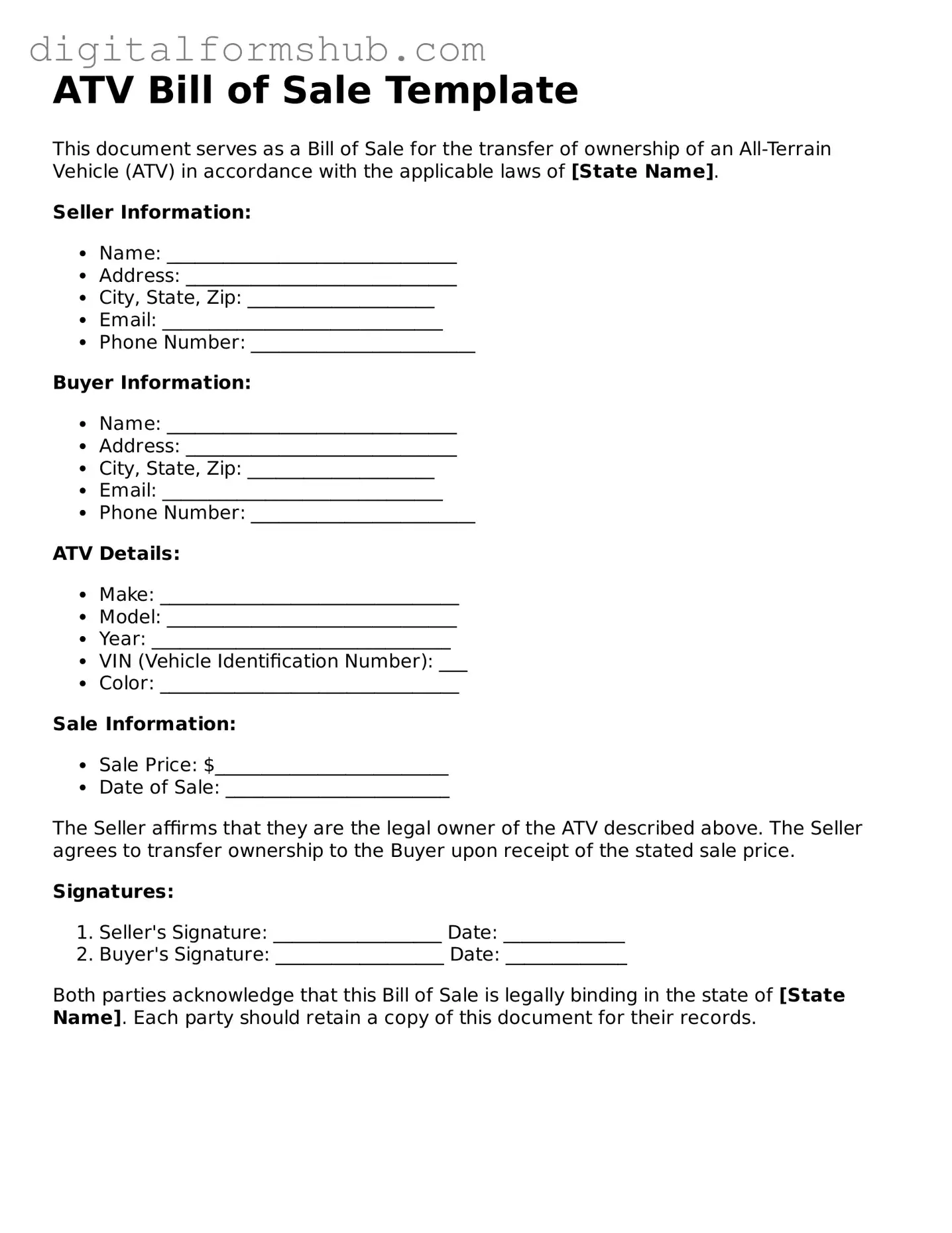 Valid ATV Bill of Sale Document