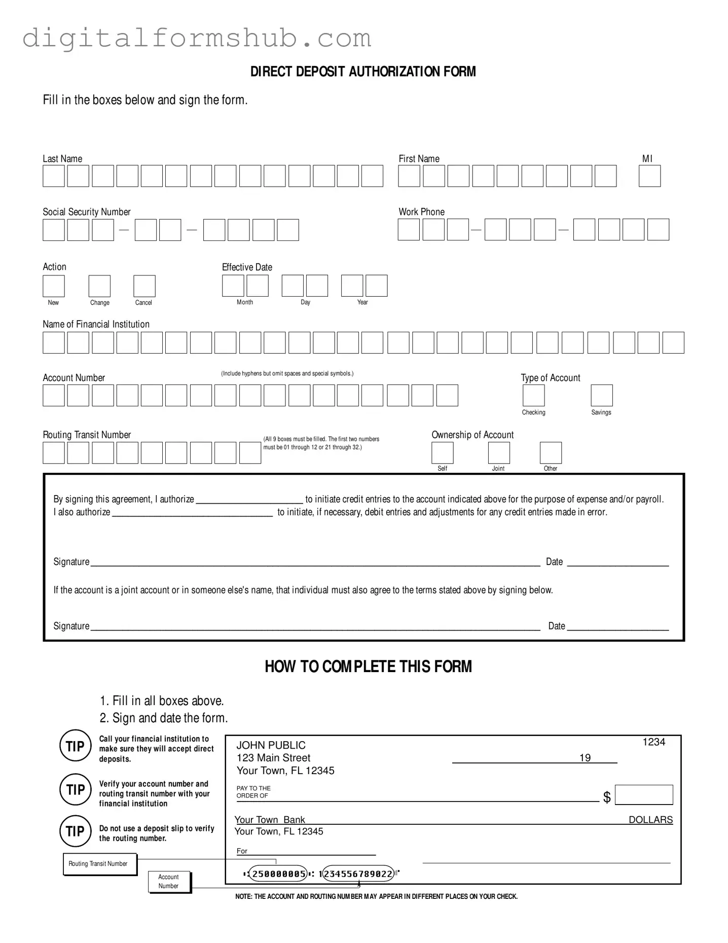 Free Generic Direct Deposit Form in PDF