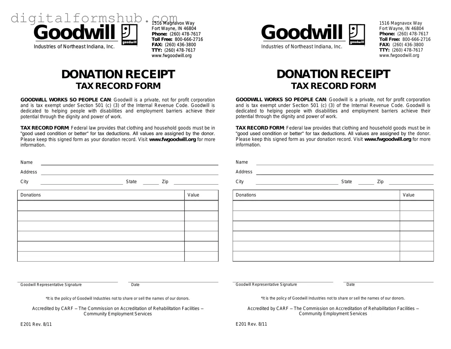 Free Goodwill donation receipt Form in PDF