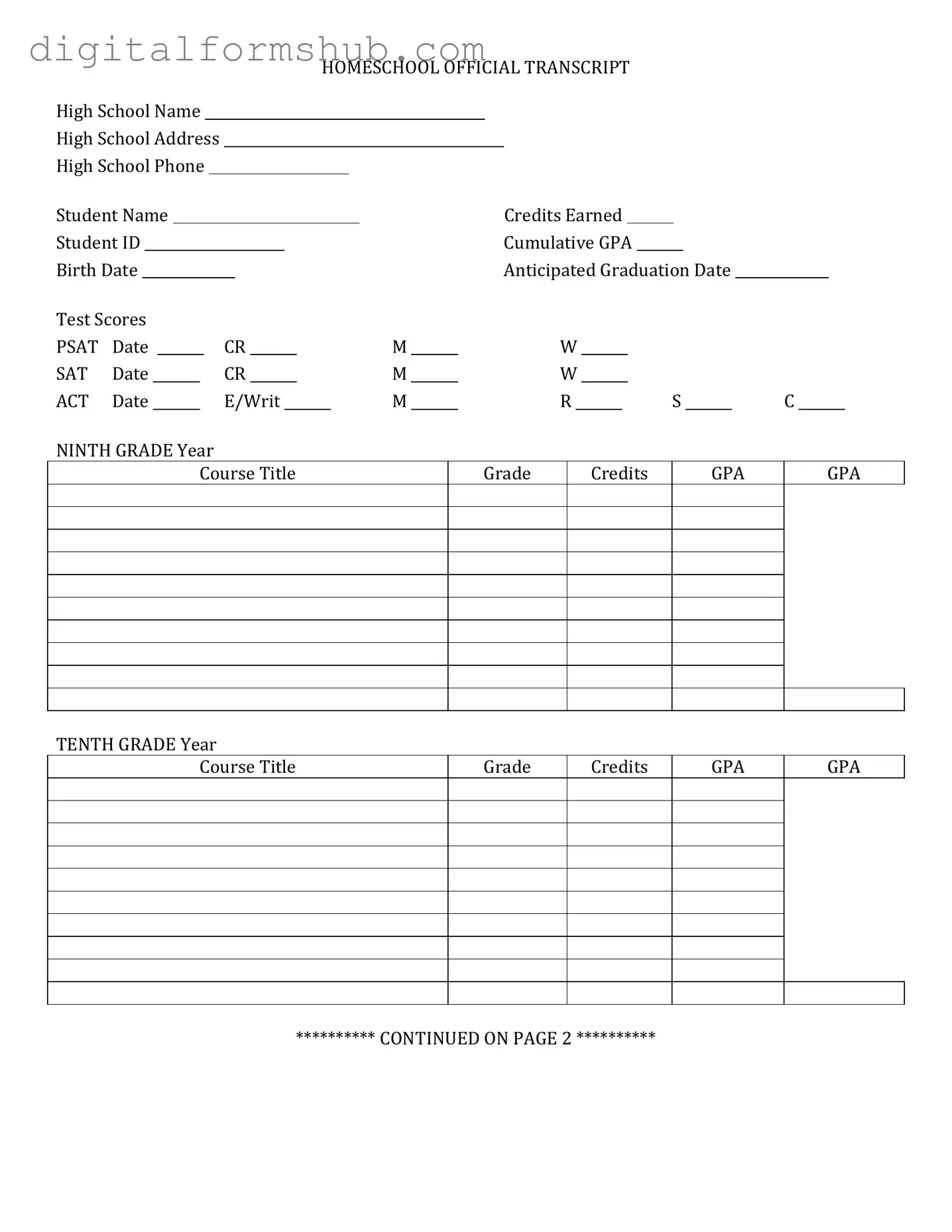 Free High School Transcript Form in PDF