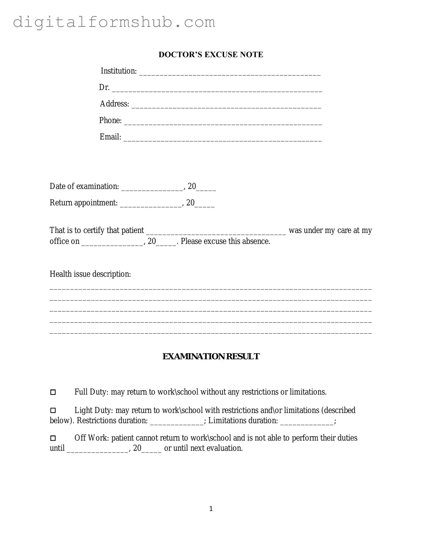 Free Doctors Excuse Note Form in PDF