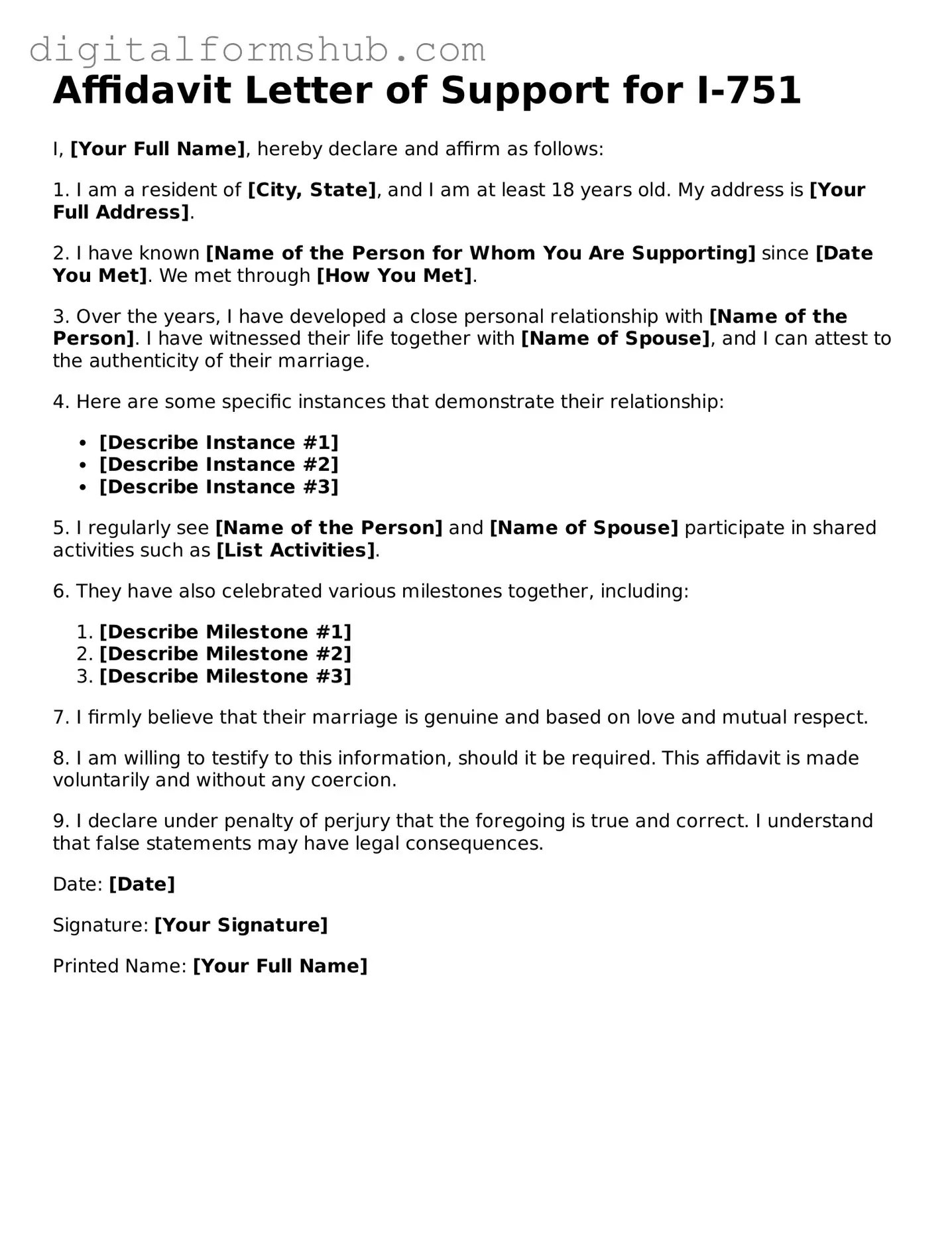Valid Affidavit Letter of Support for I-751 Document