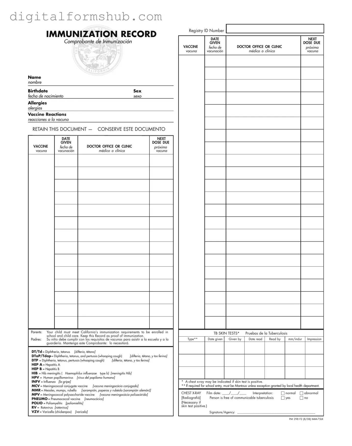 Free Immunization Record Form in PDF