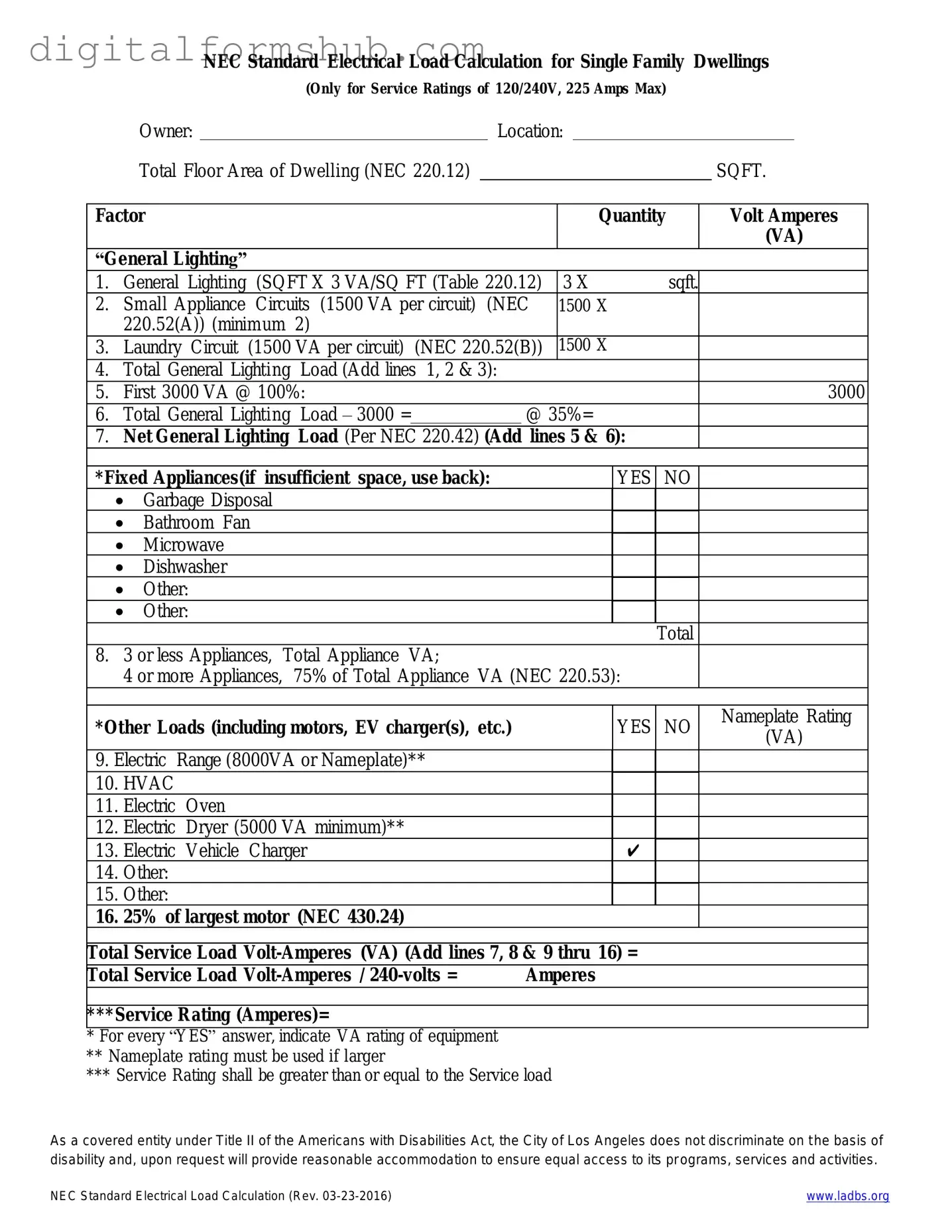Free LADBS NEC Standard Electrical Load Calculation Form in PDF