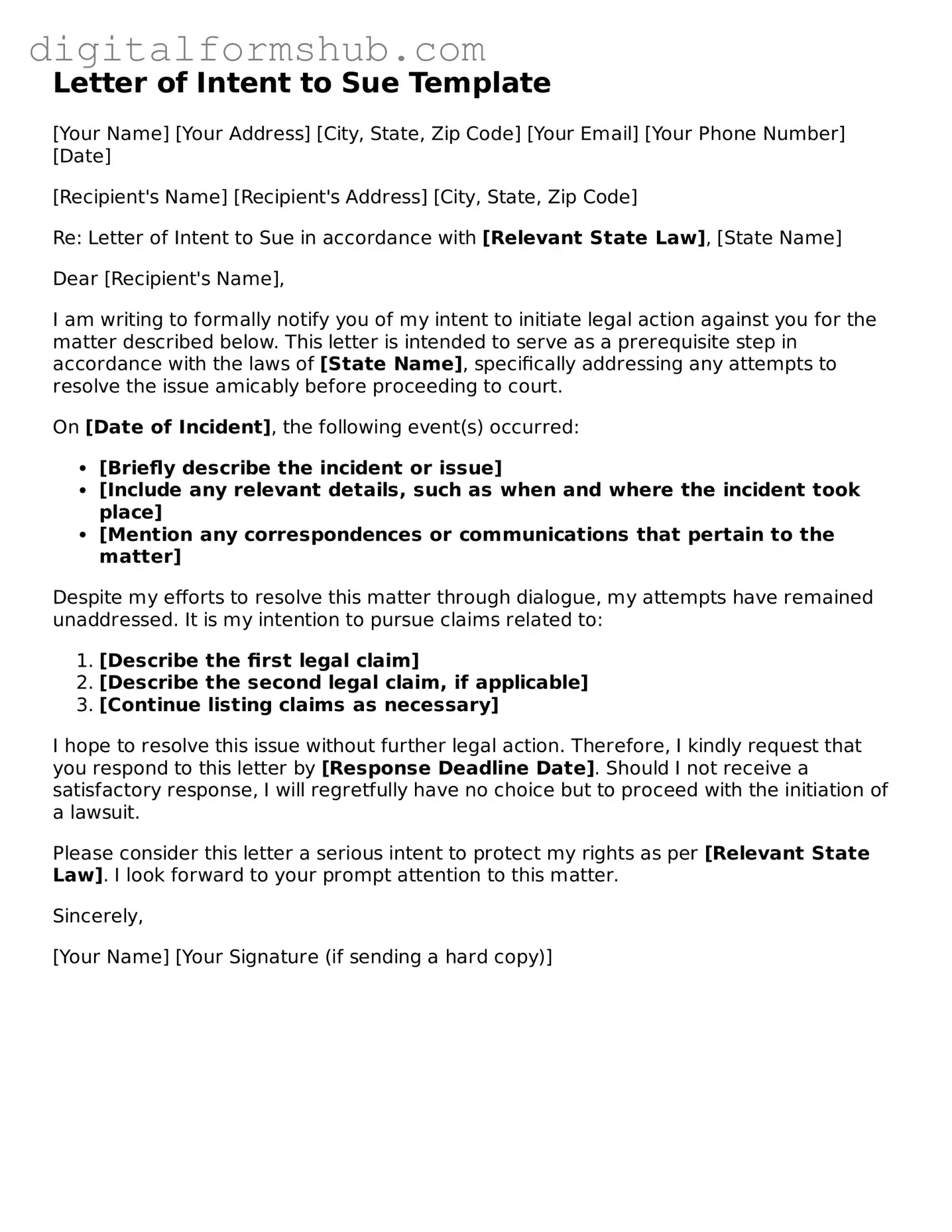 Valid Letter of Intent to Sue Document