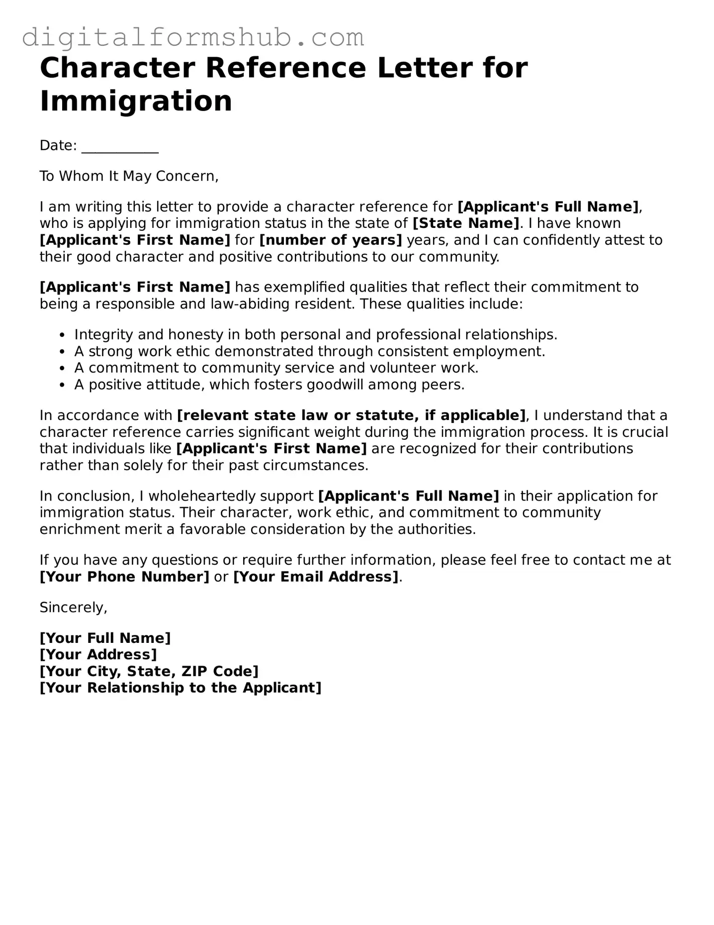 Valid Character Reference Letter for Immigration Document