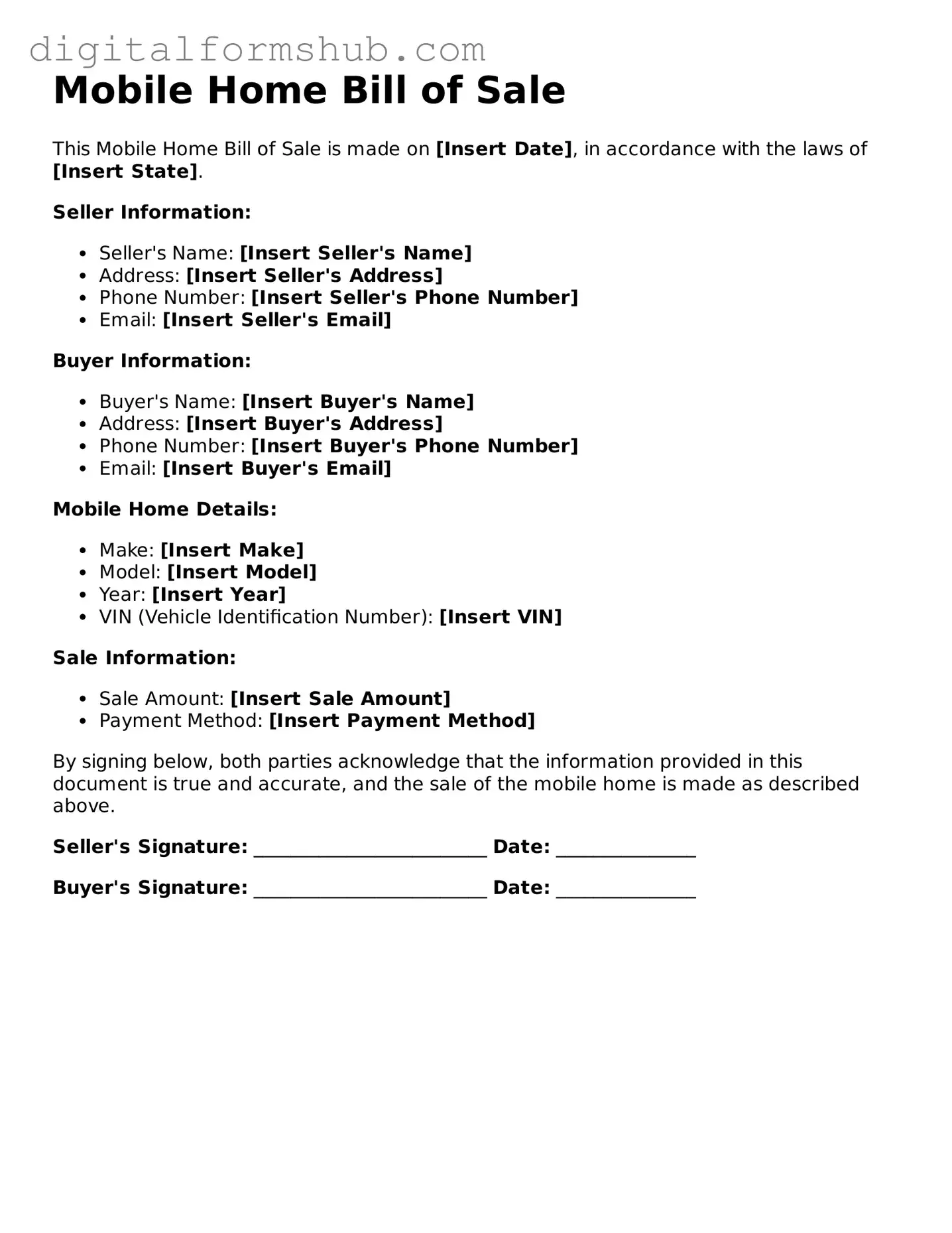 Valid Mobile Home Bill of Sale Document
