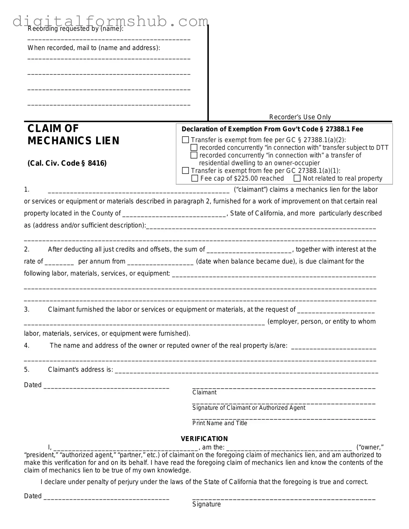 Free Mechanics Lien California Form in PDF