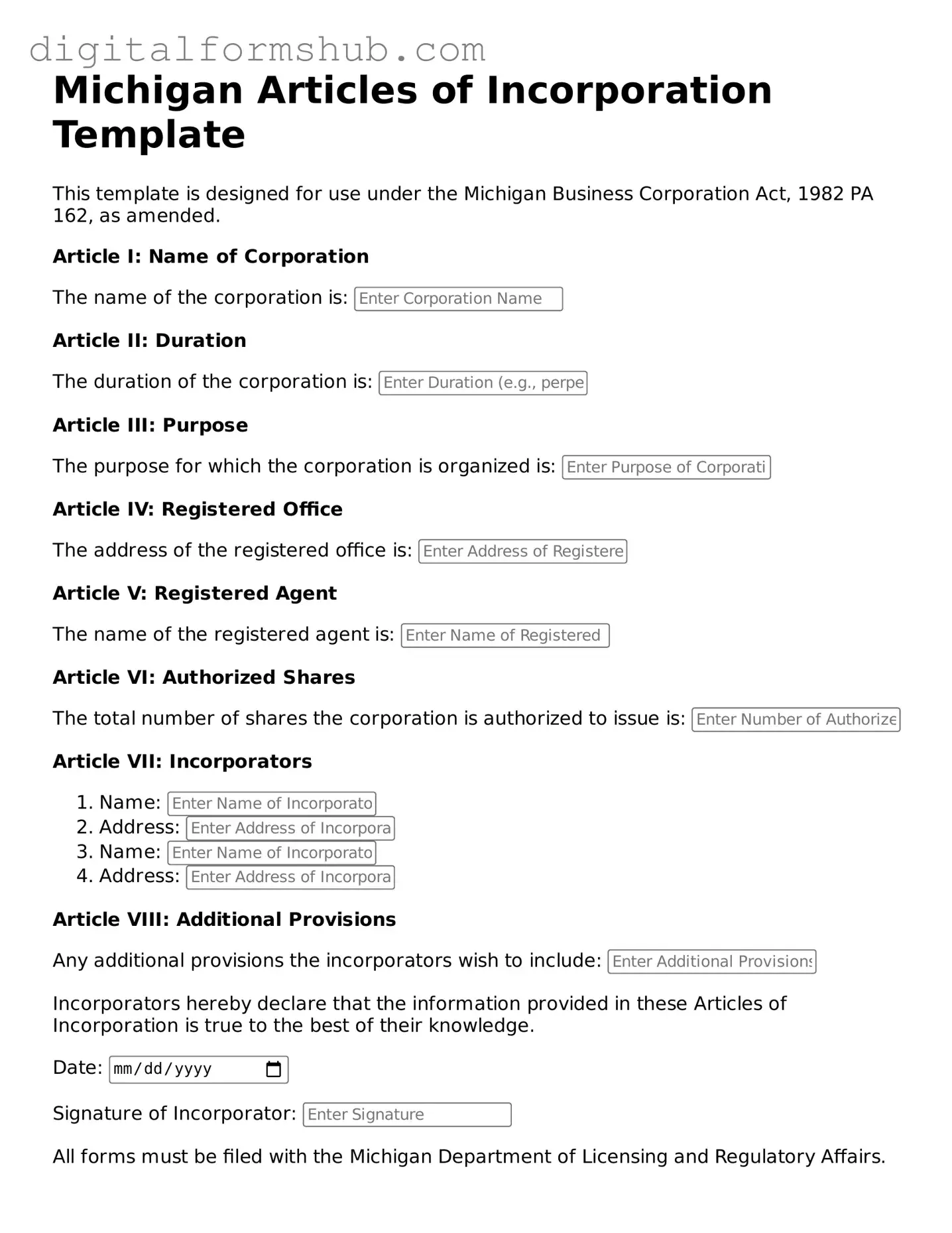 Official Articles of Incorporation Template for the State of Michigan