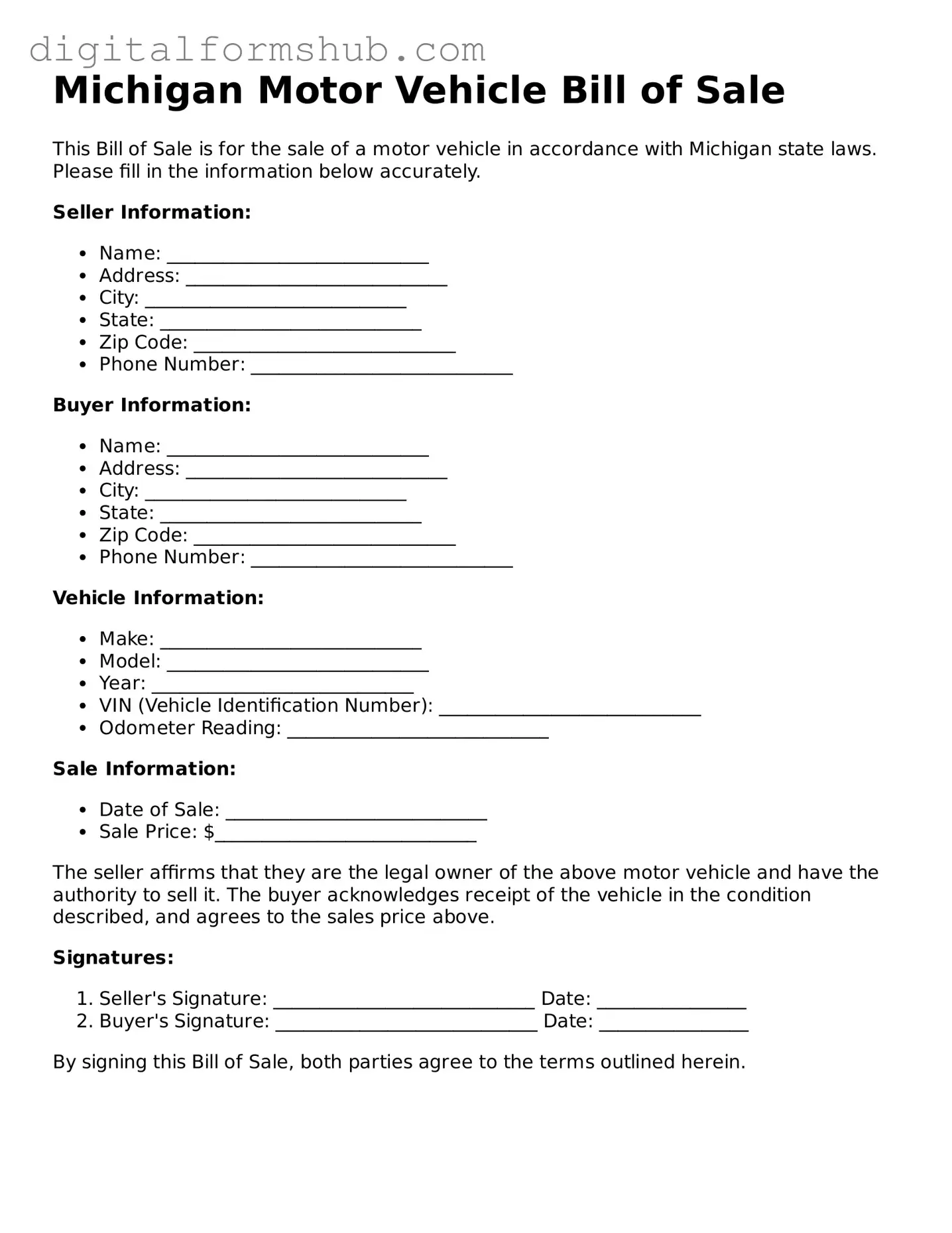 Official Motor Vehicle Bill of Sale Template for the State of Michigan