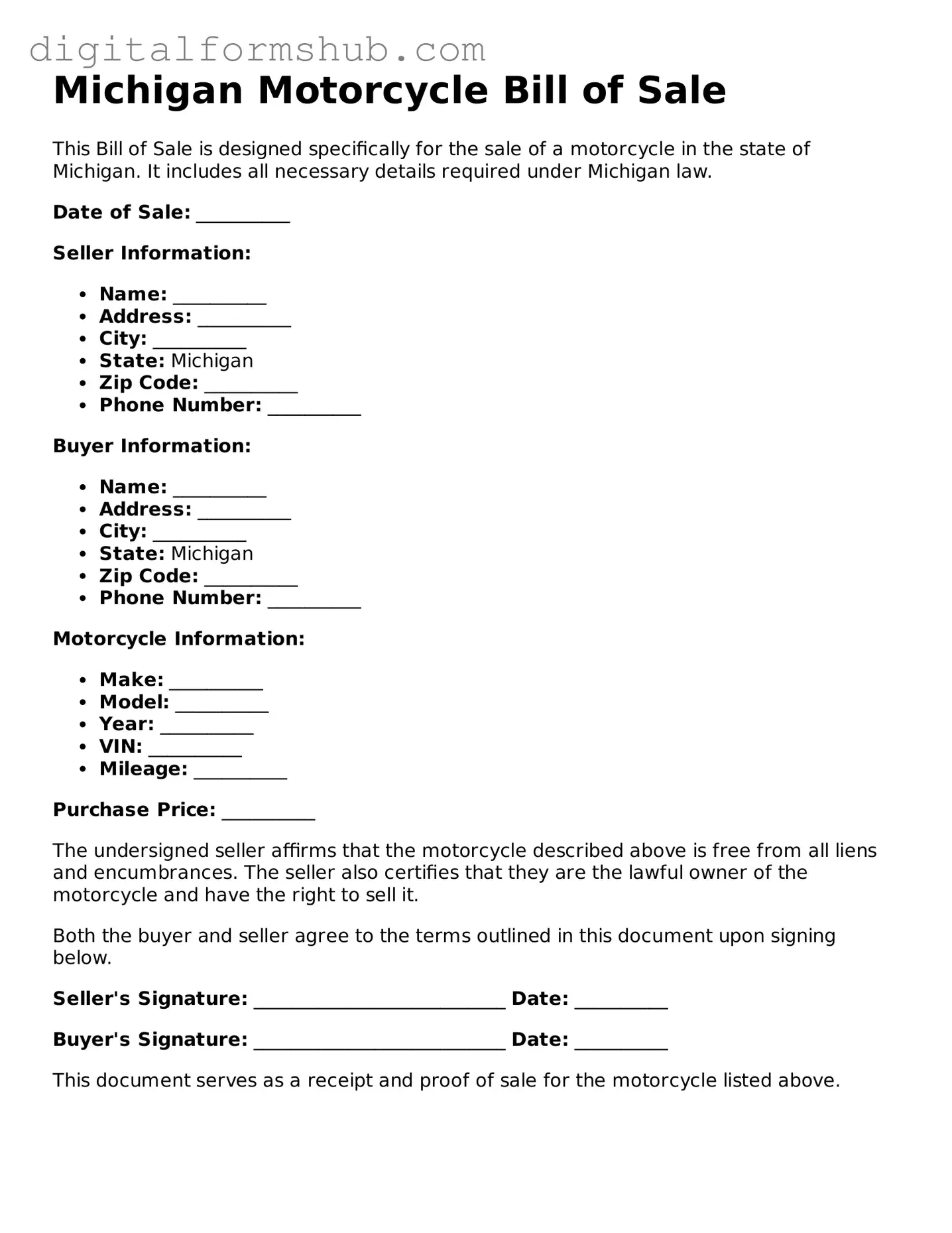Official Motorcycle Bill of Sale Template for the State of Michigan