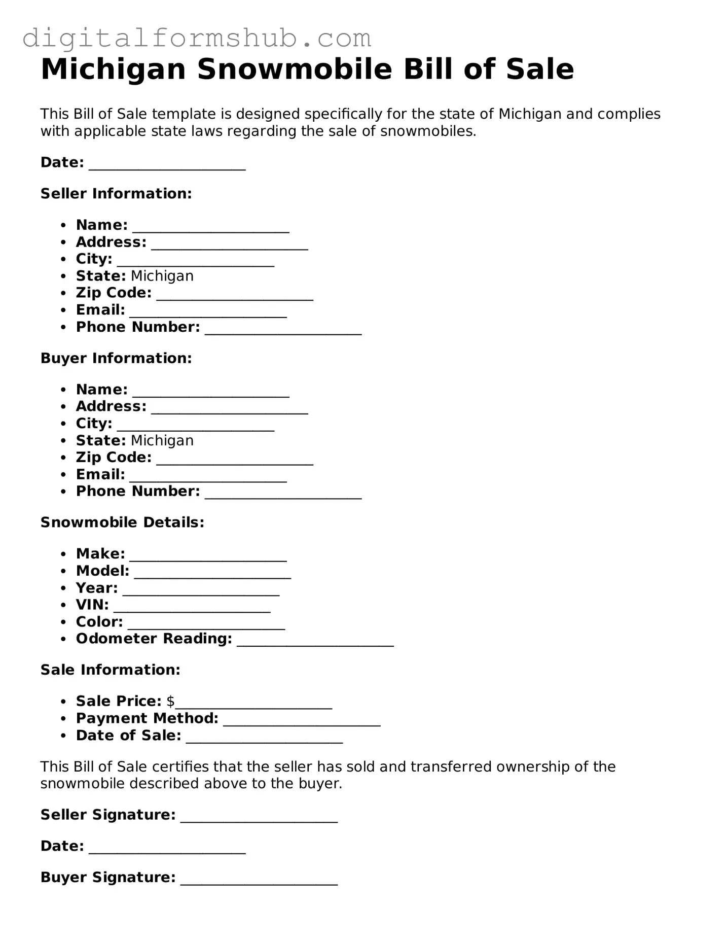 Official Snowmobile Bill of Sale Template for the State of Michigan