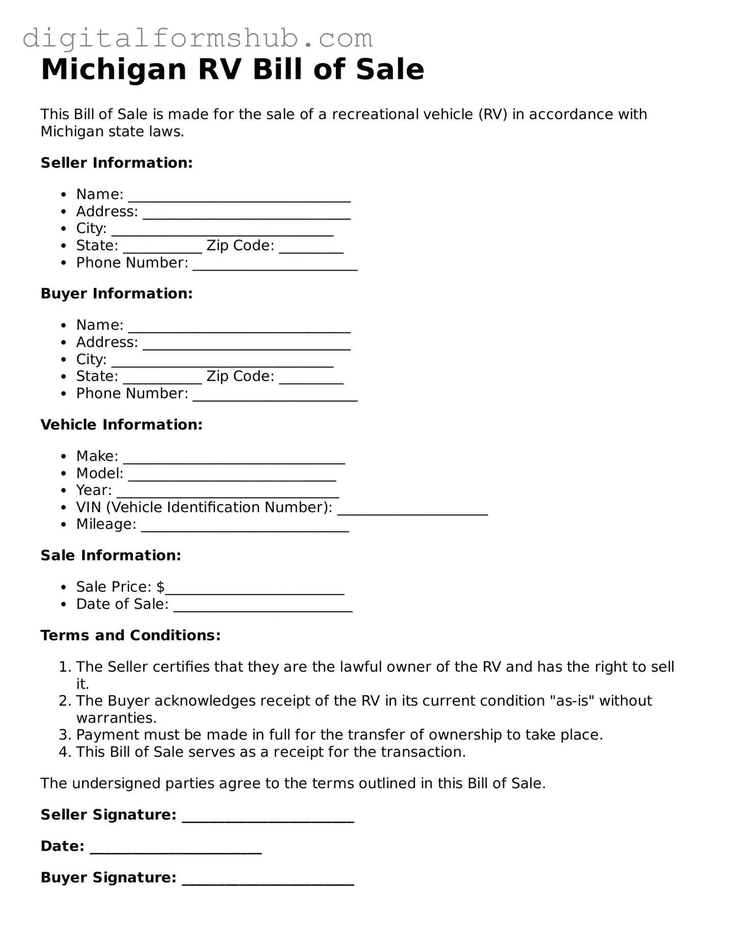 Official RV Bill of Sale Template for the State of Michigan