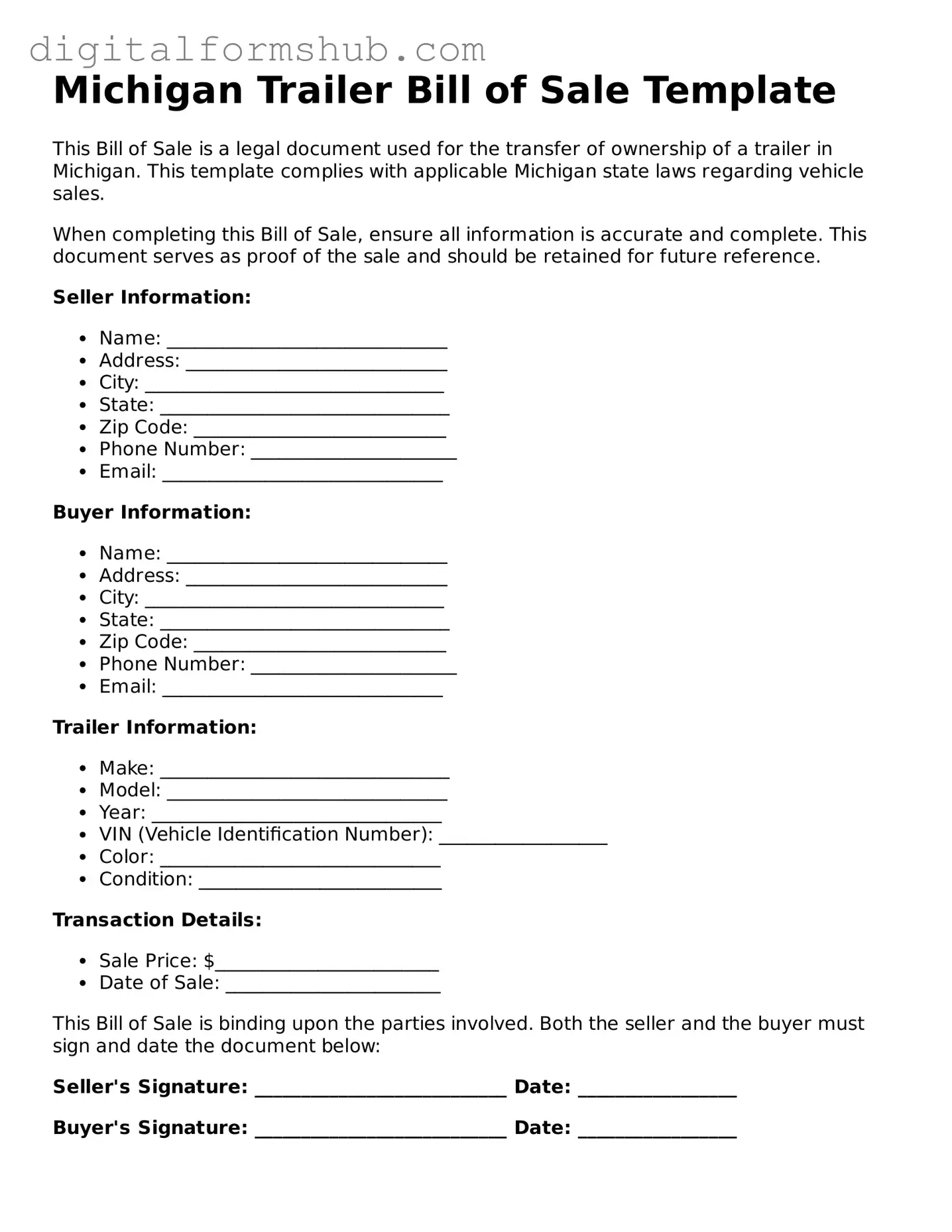 Official Trailer Bill of Sale Template for the State of Michigan