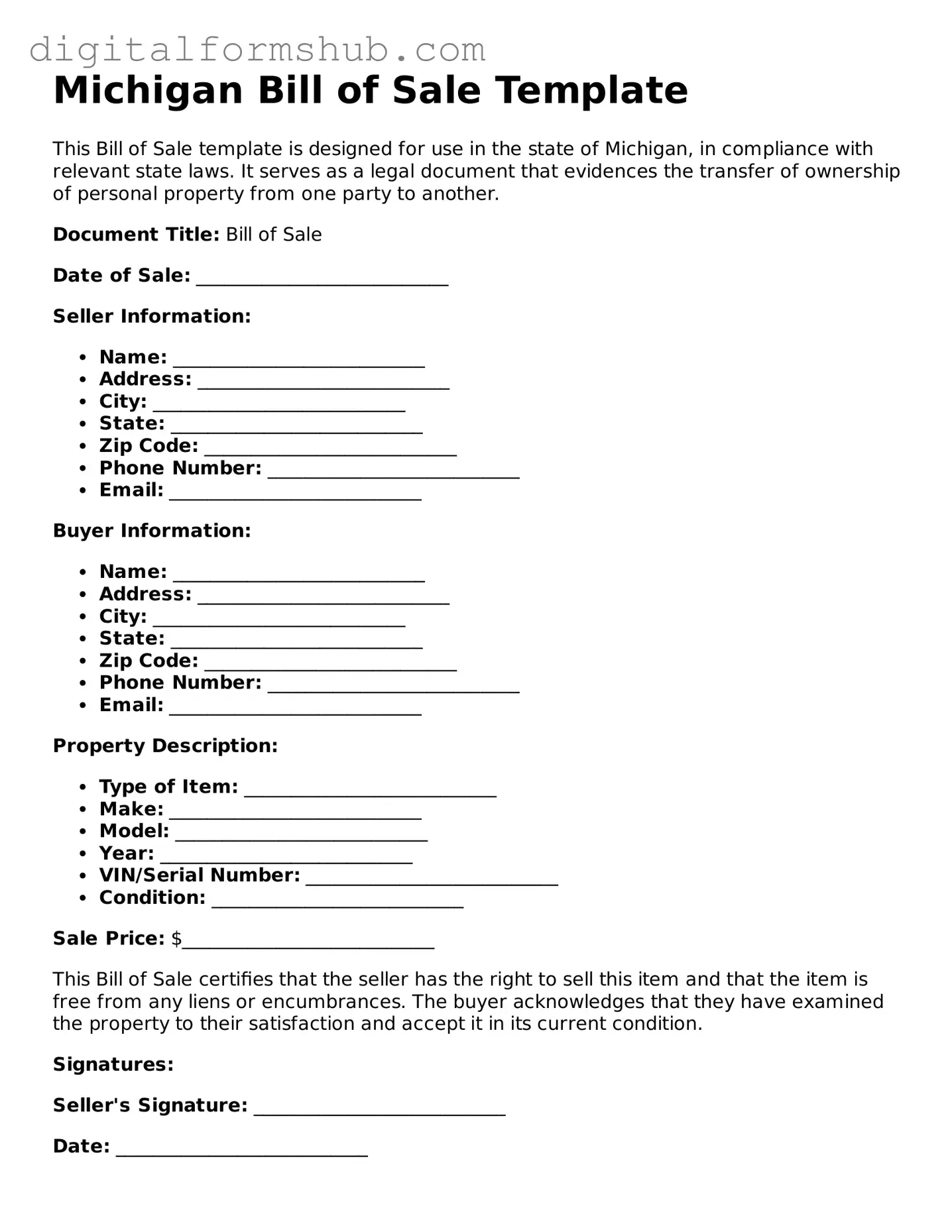 Official Bill of Sale Template for the State of Michigan