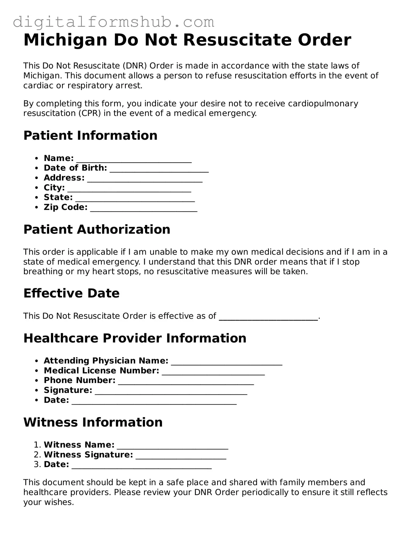 Official Do Not Resuscitate Order Template for the State of Michigan